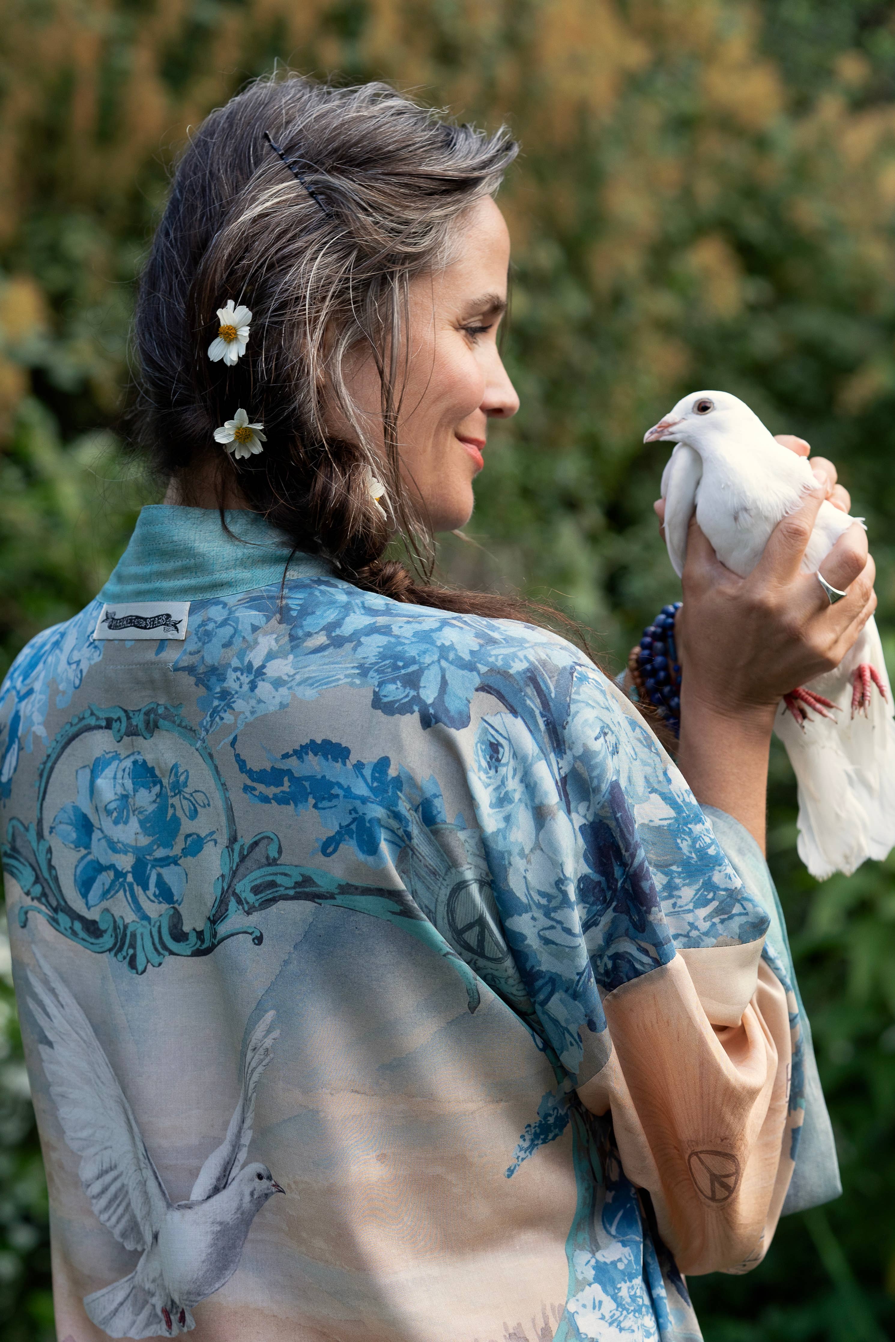 Peace Out Cropped Kimono Pixie Duster with Doves and Sunrise