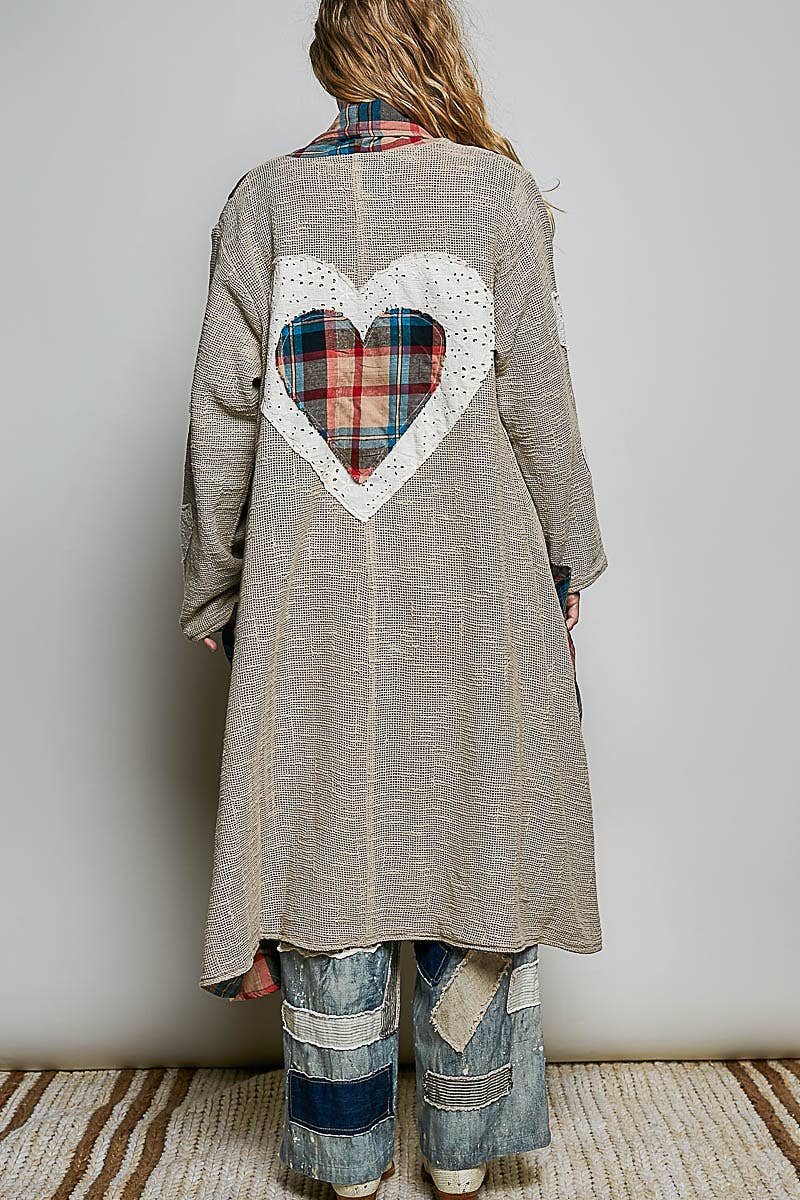 Plaid Textured Lace Heart Patch Woven Open Front Coat