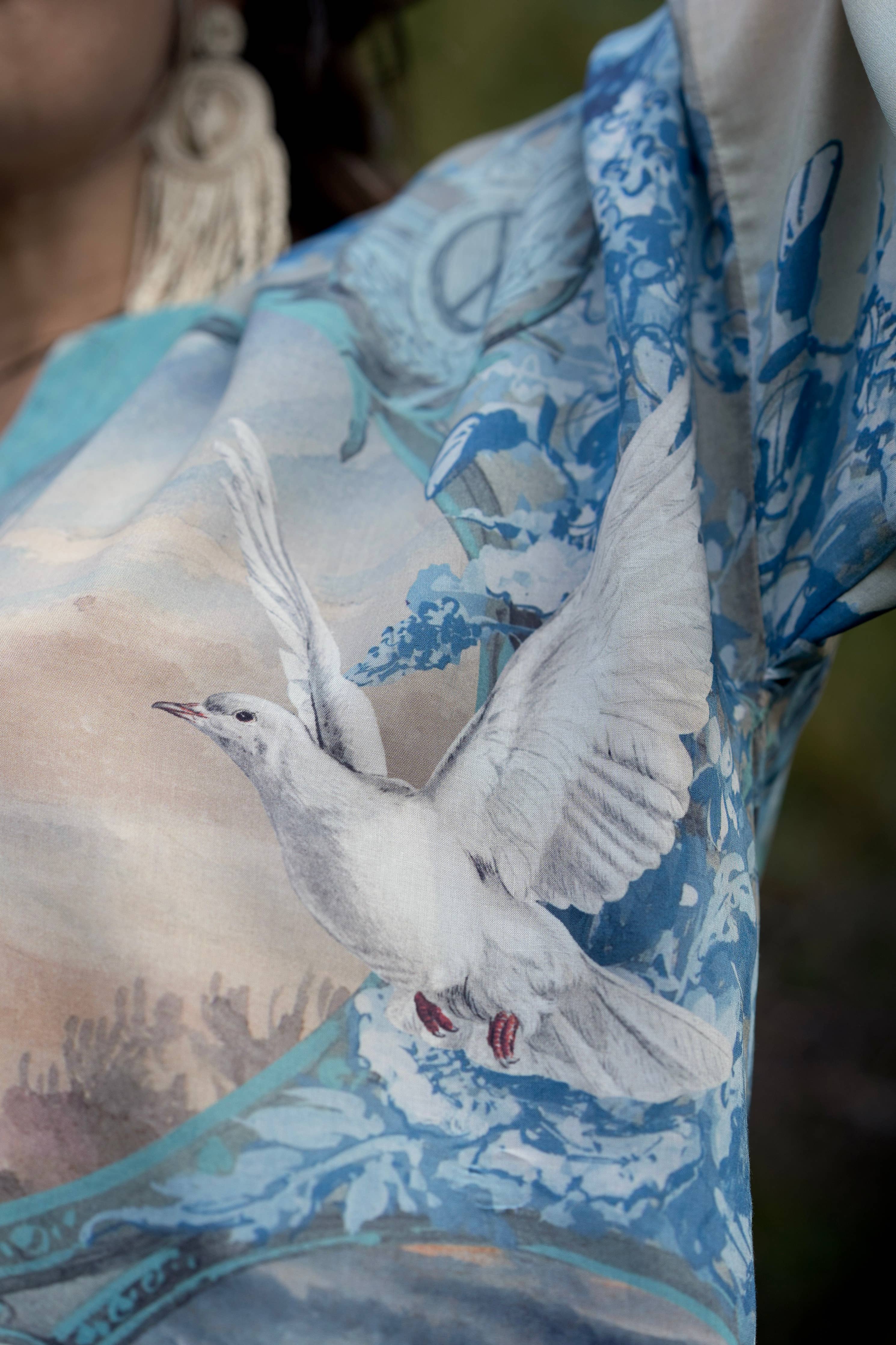 Peace Out Cropped Kimono Pixie Duster with Doves and Sunrise