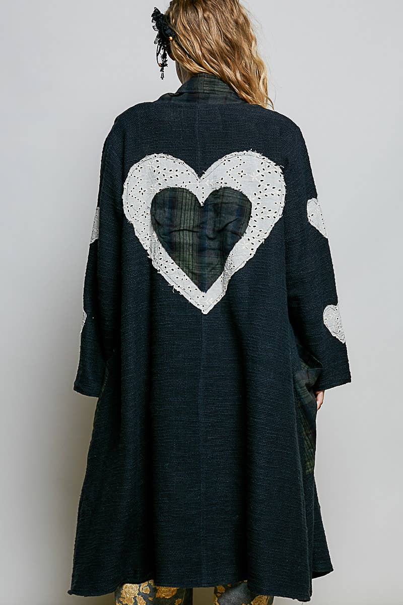Plaid Textured Lace Heart Patch Woven Open Front Coat