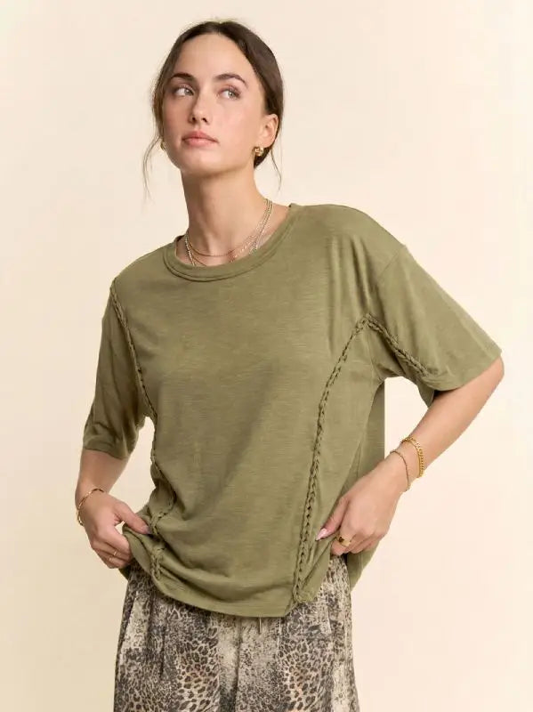 Braided Seam Detail Drop Shoulder Tee Khaki Olive