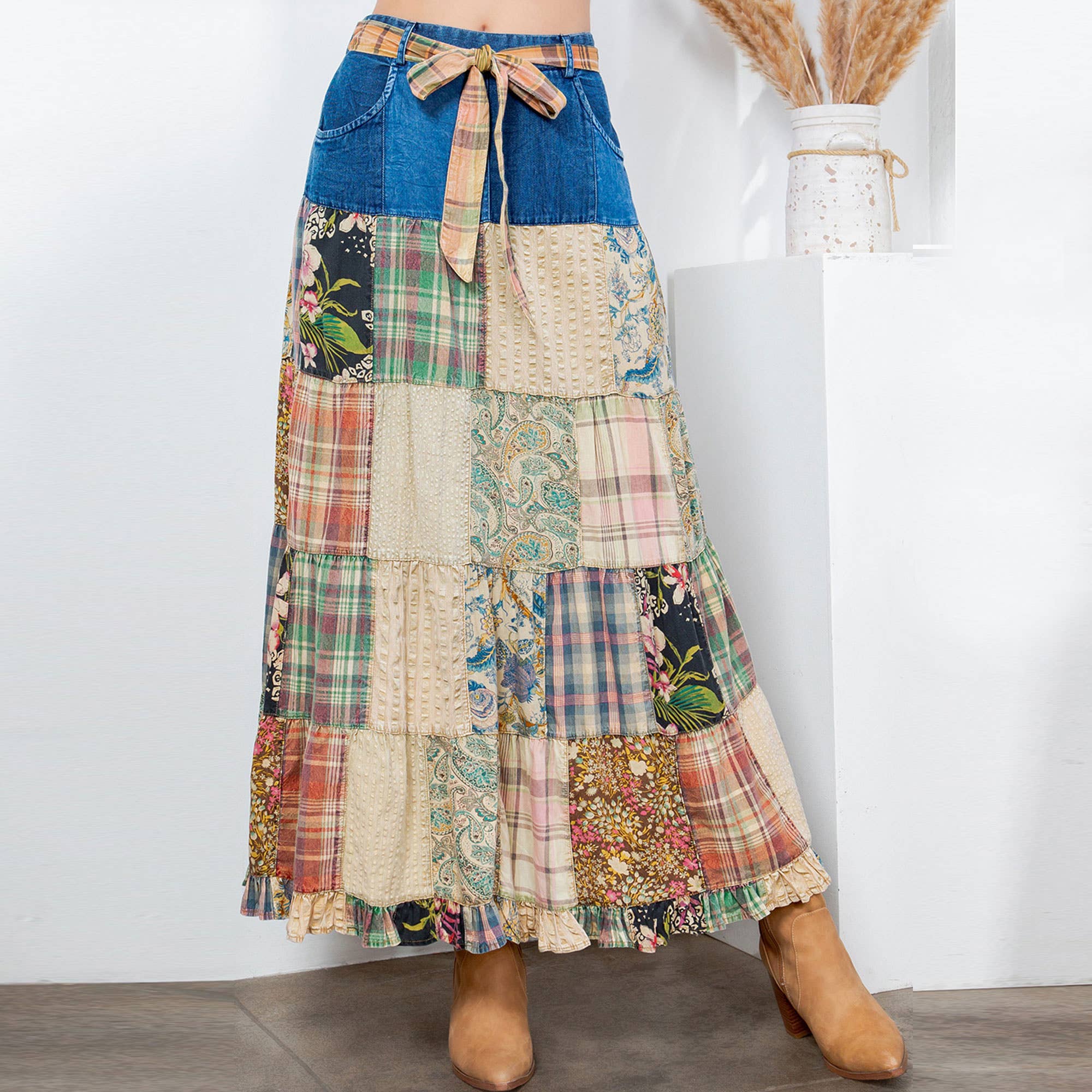 Betsys Western Boho Chic: Patchwork Belted Skirt