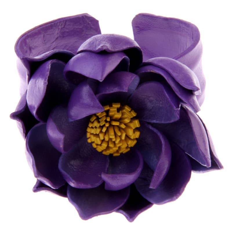 Leather Lotus flower cuff adjustable purple