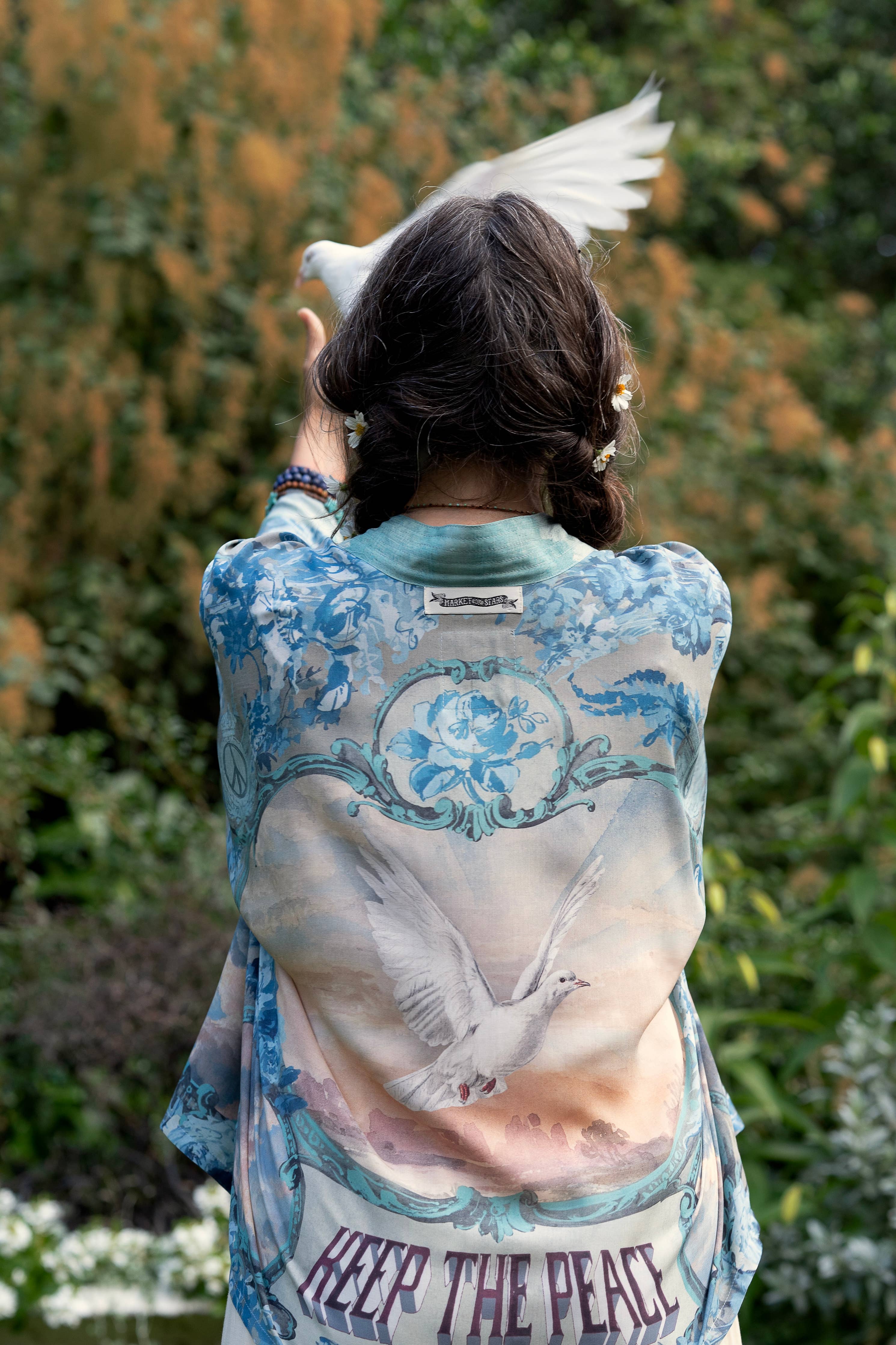 Peace Out Cropped Kimono Pixie Duster with Doves and Sunrise