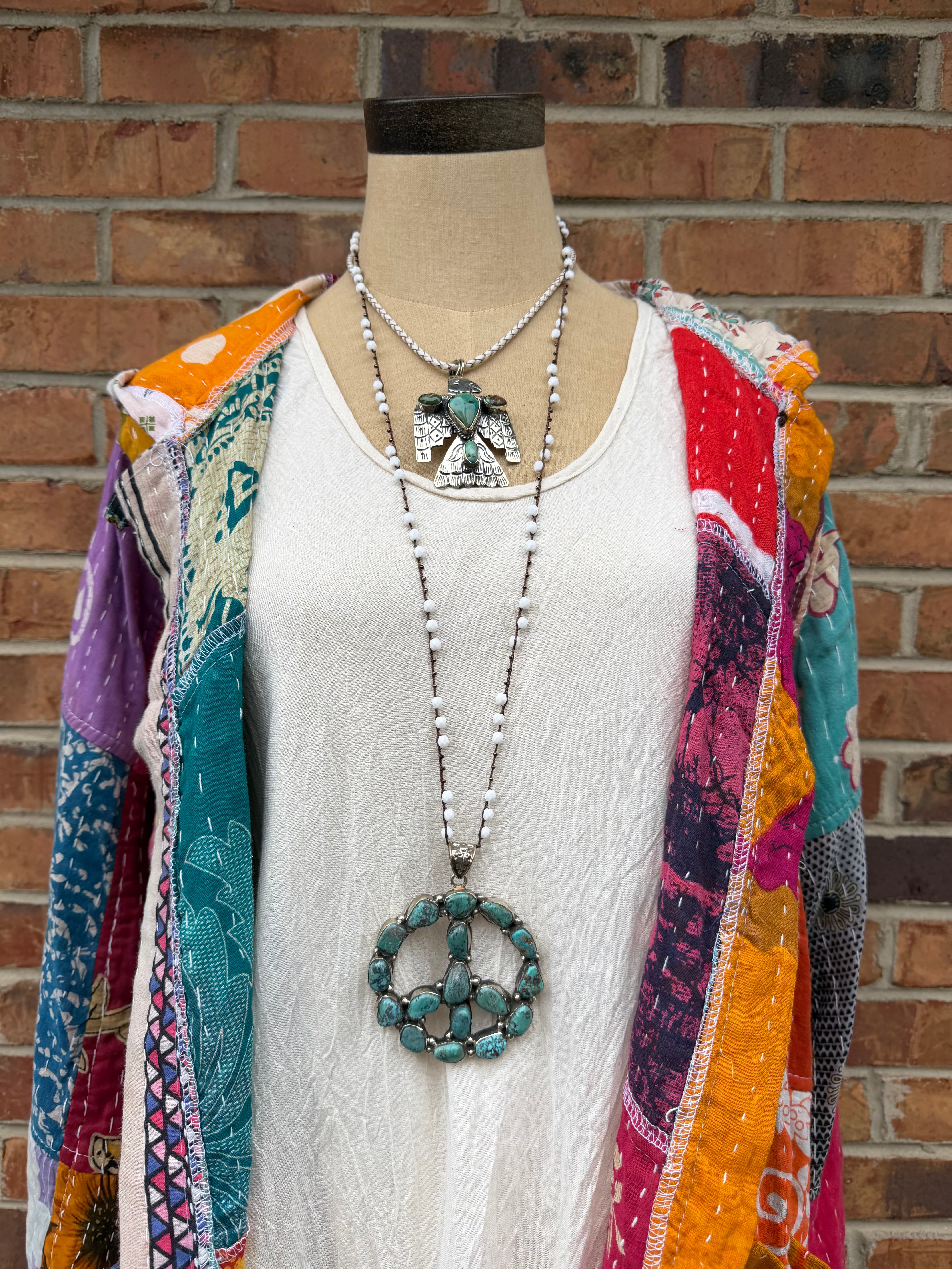 Peace Sign Necklace on Knotted Gemstone Chain