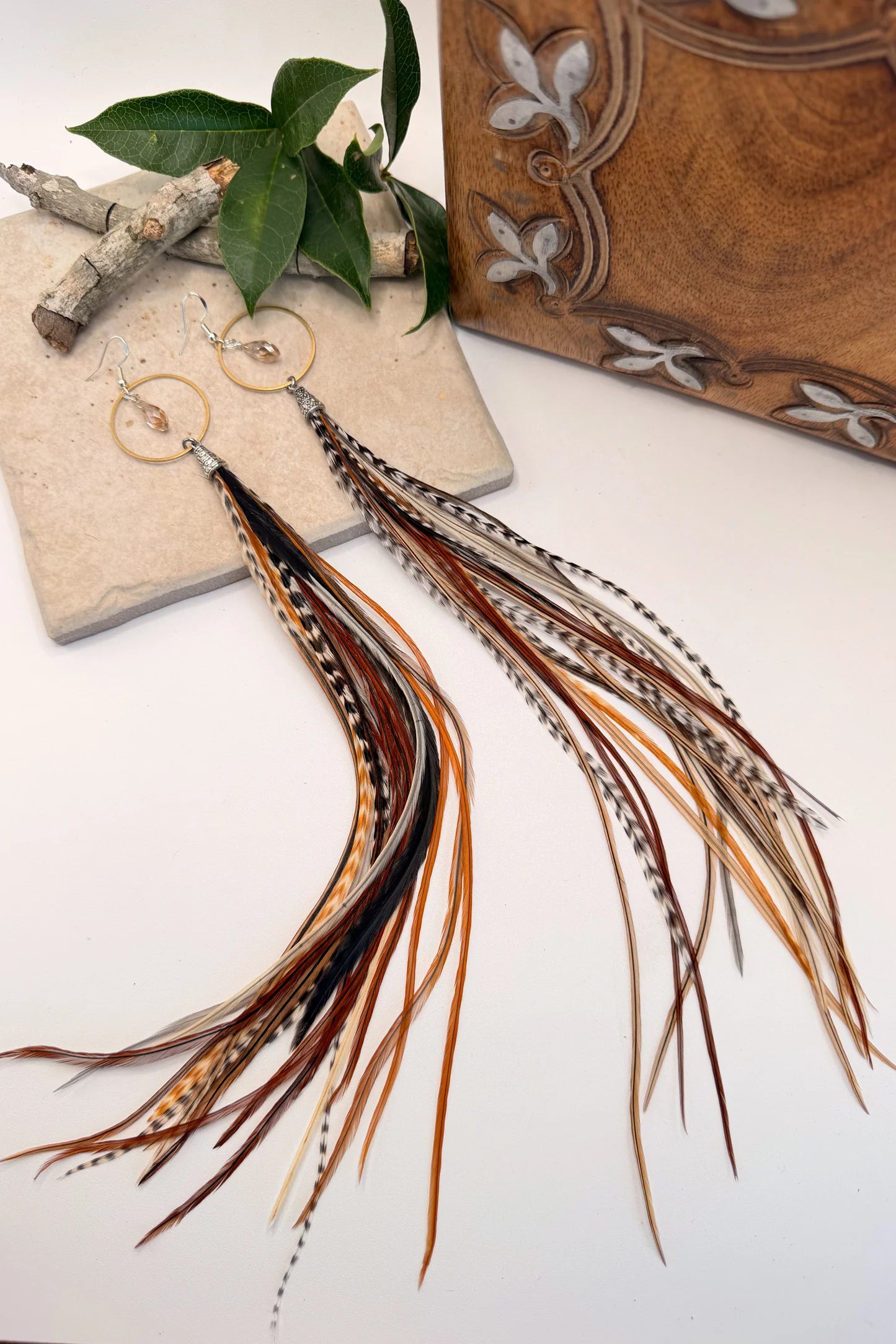 O-Ring Drop Taupe Feather Earrings