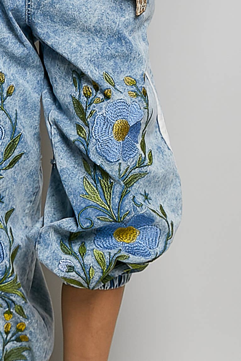 Picking Flower Vintage Floral Artisan Embroidered Twill Jogger Pants