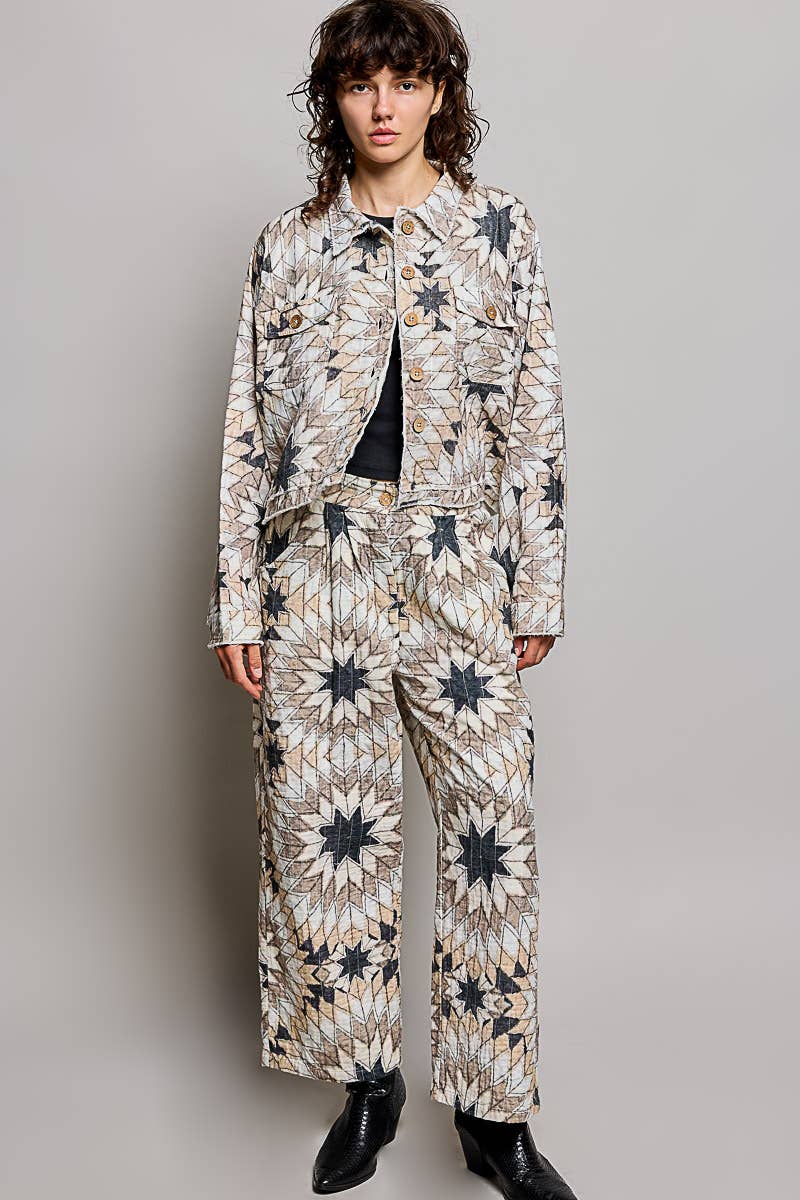 Elasticized Back Waistband Geometric Star Wide Leg Pants