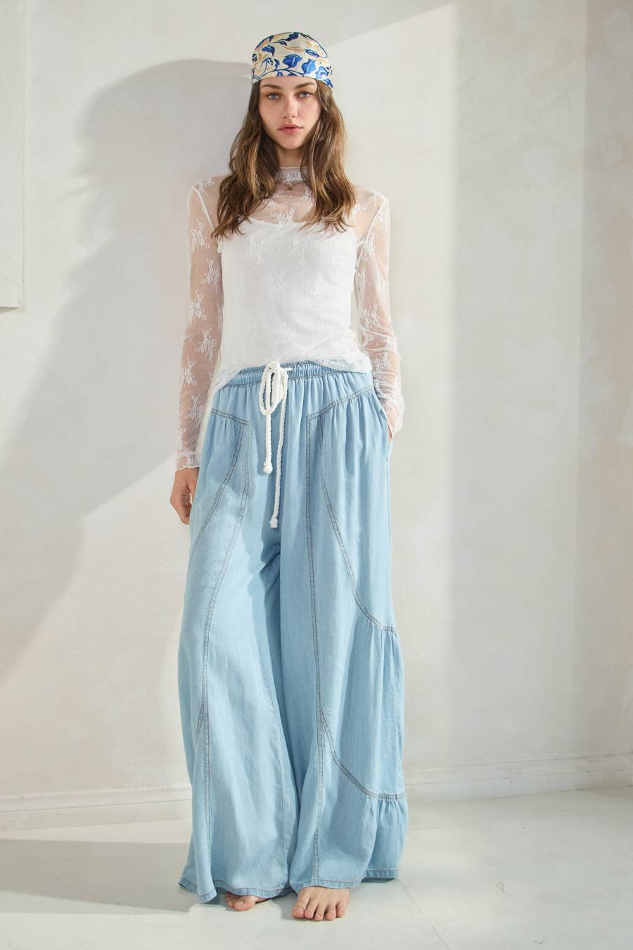Chambray Denim Wide Palazzo Pants: Washed Dark Chambray
