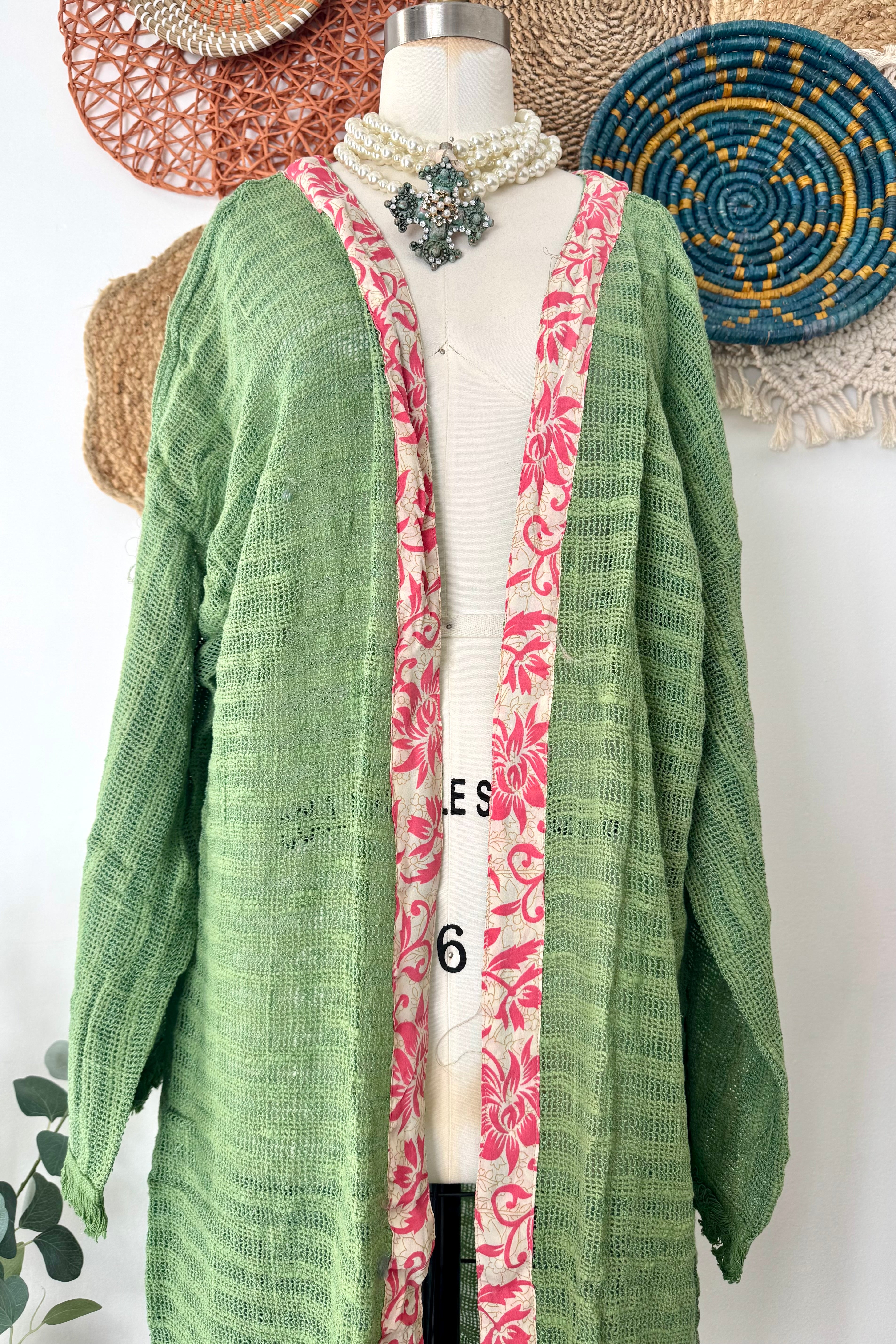 Summer Breeze Woven Kimono Cardigan in Green