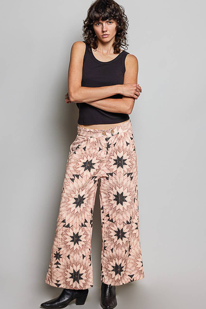Elasticized Back Waistband Geometric Star Wide Leg Pants