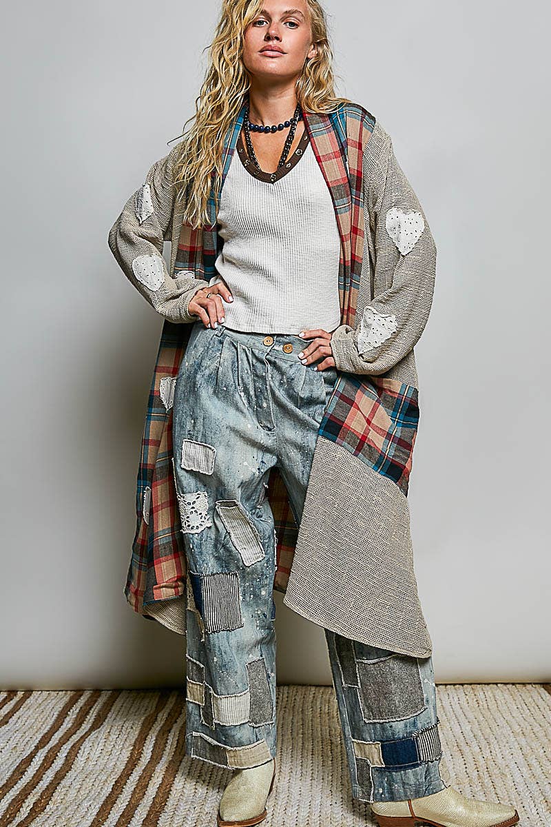 Heart Throb Plaid Textured Lace Heart Patch Woven Open Front Coat in Green