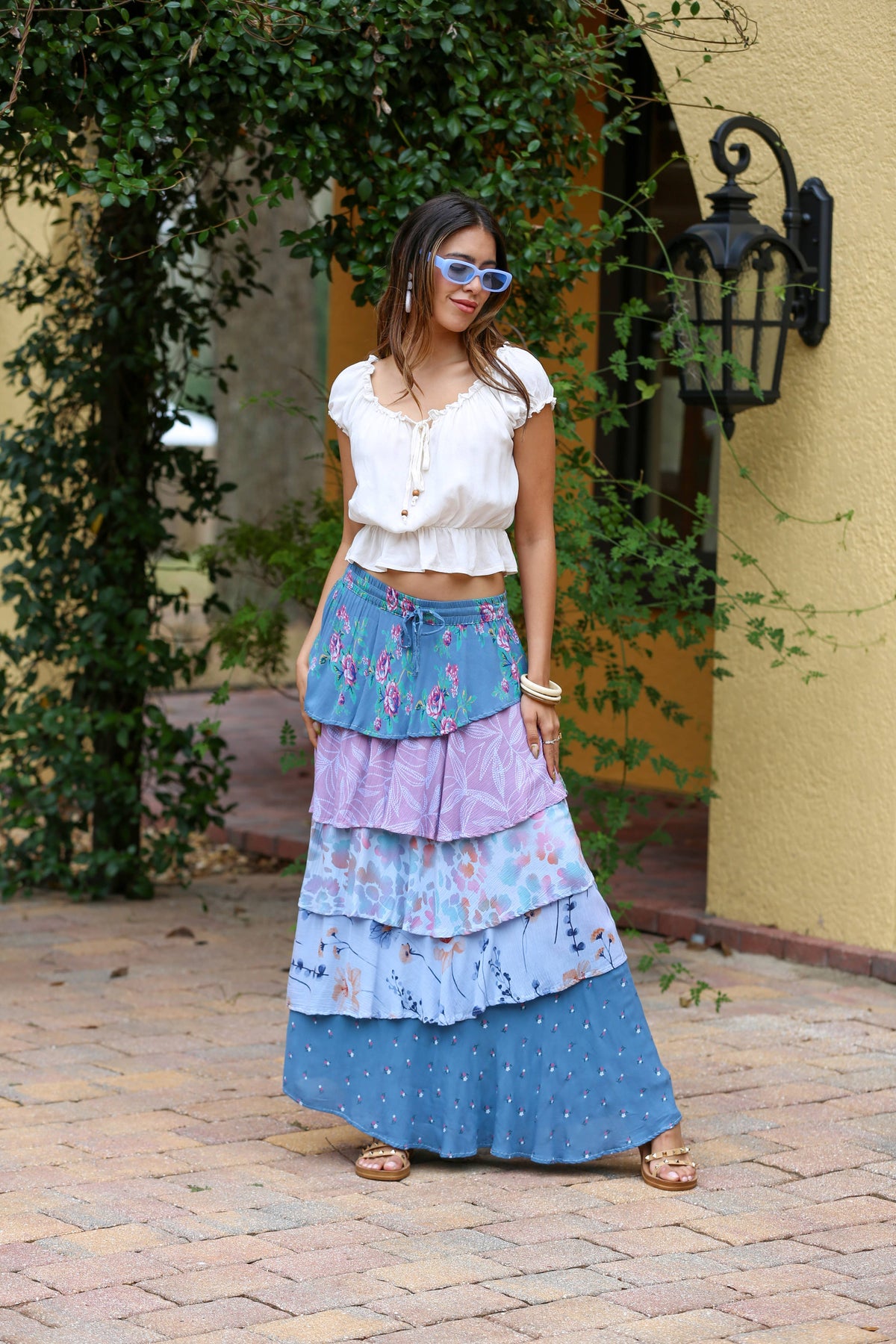 Sage & Sky Patchwork Tiered Ruffel Skirt