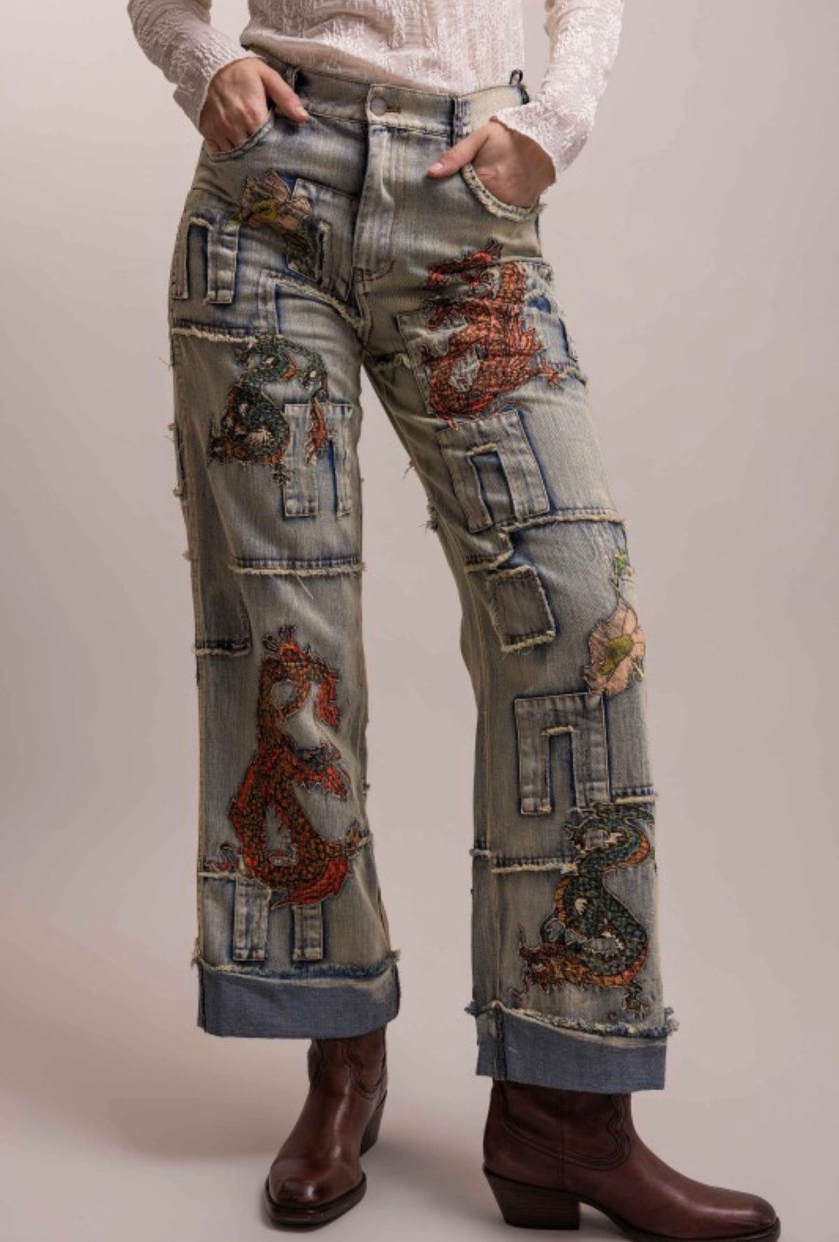 Preorder Shipping 12/15 - Dragon Patchwork Straight Leg Pant