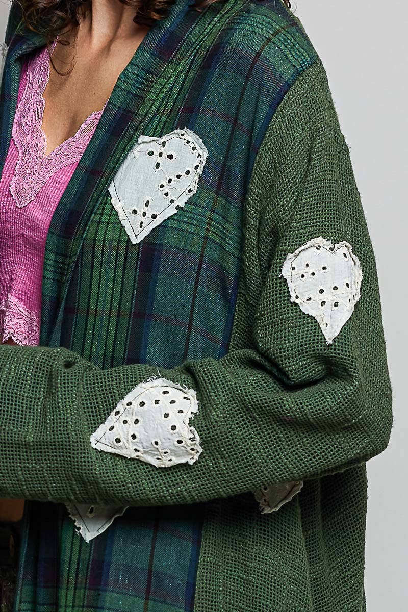 Plaid Textured Lace Heart Patch Woven Open Front Coat
