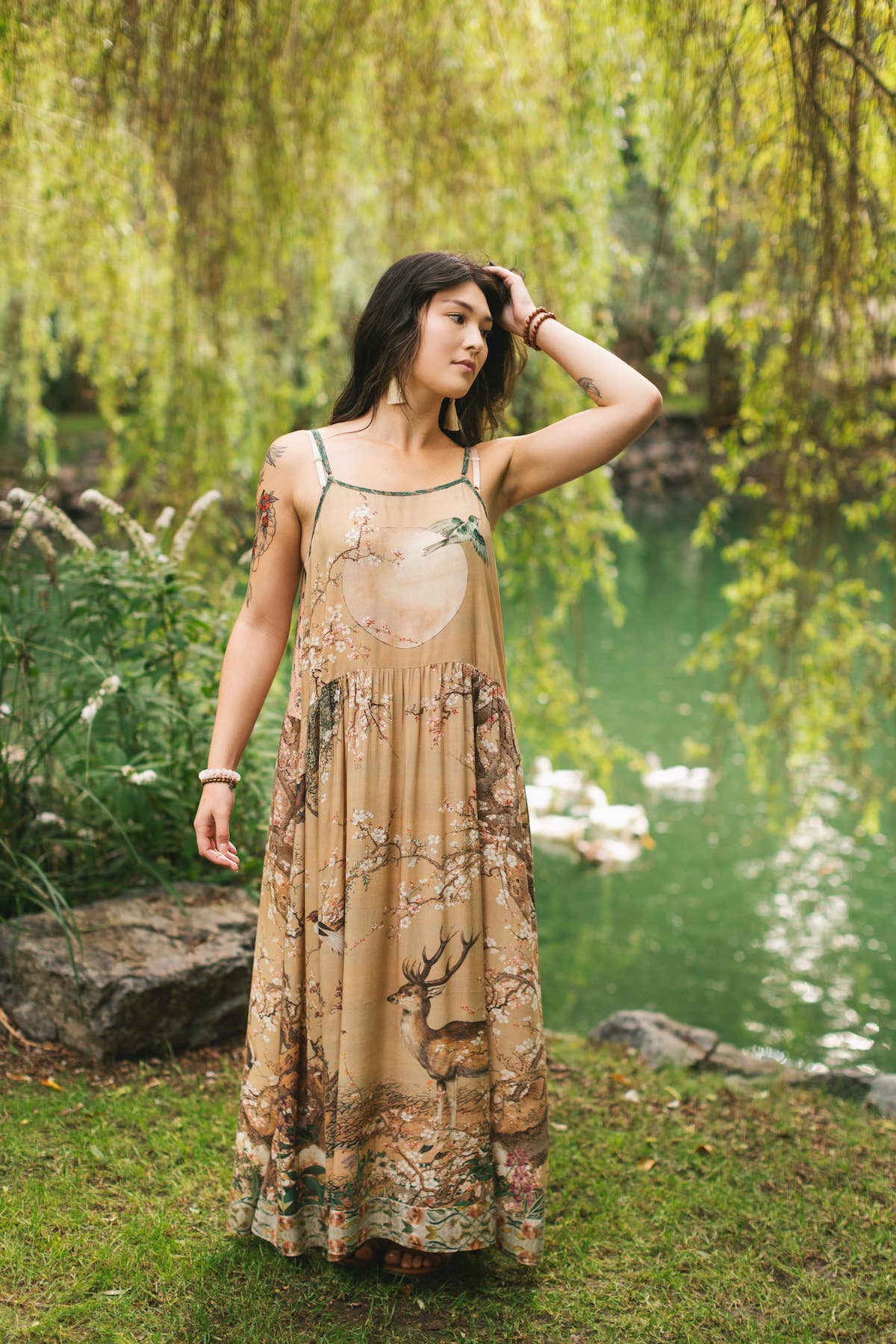 Fable Bohéme Long Maxi Slip Dress w/ Blossoms, Deer & Moon