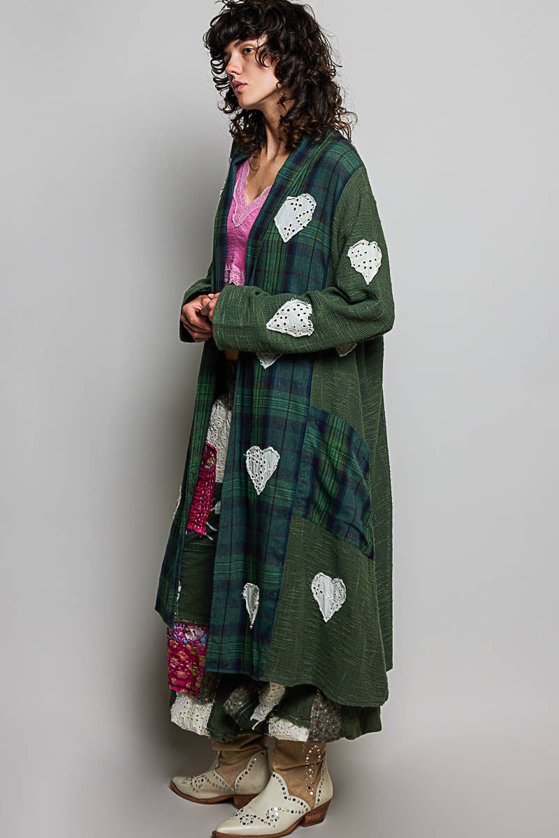 Plaid Textured Lace Heart Patch Woven Open Front Coat