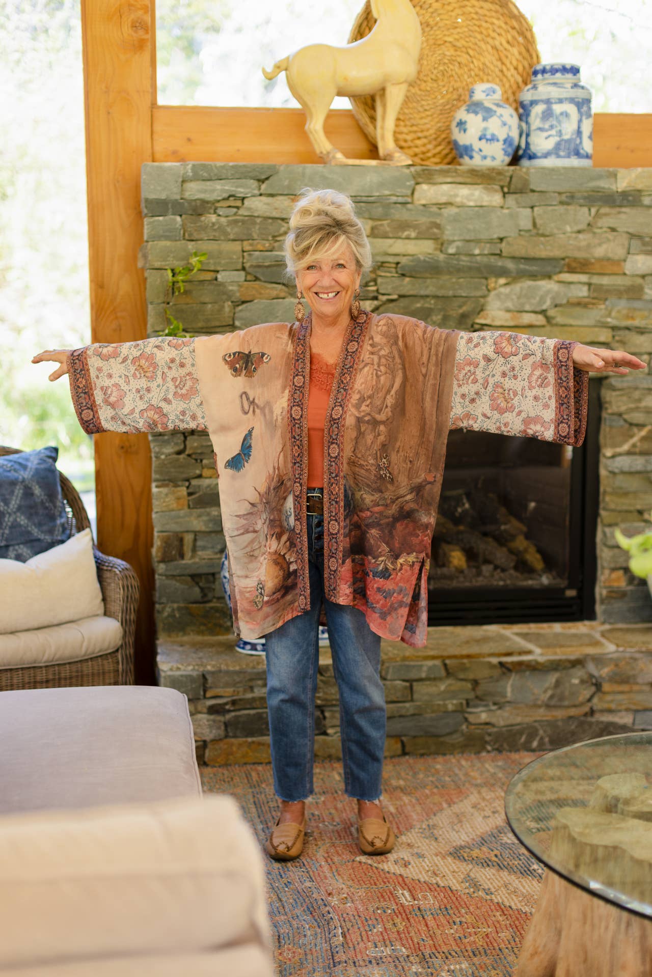 The Storyteller Matinée Duster Kimono w/ Sunflowers, Pottery