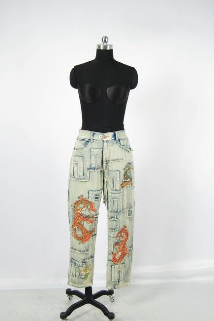 PREORDER - Breathing Fire Patchwork Dragon Denim Pants
