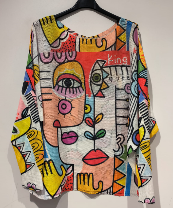 "Picasso" V-Neck Knit Printed Long Sleeves Sweater