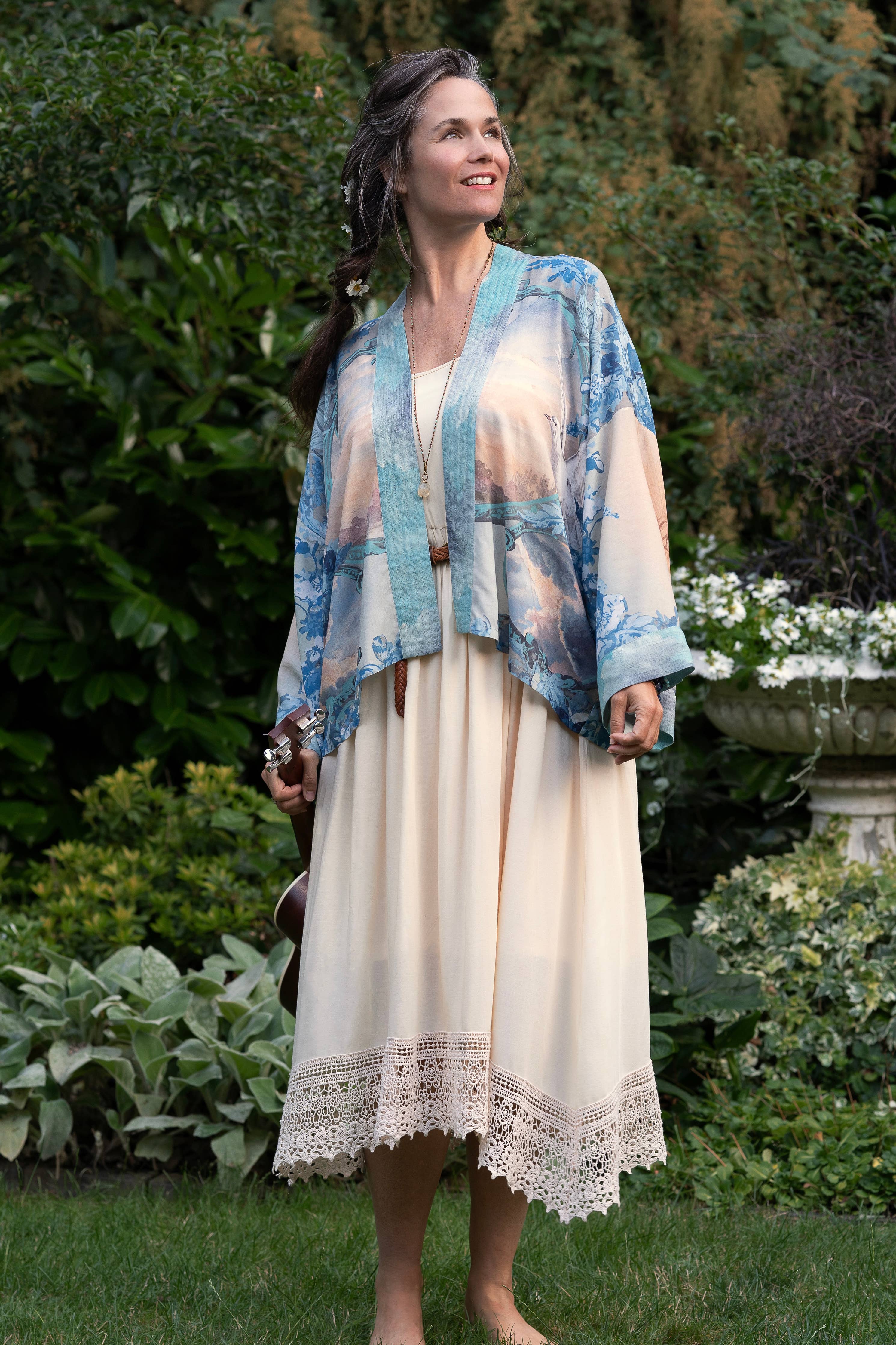 Peace Out Cropped Kimono Pixie Duster with Doves and Sunrise