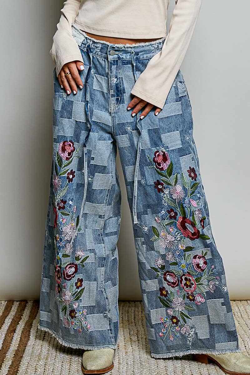 Floral Maze Vintage Patchwork Denim Floral Embroidered Wide Leg Pants