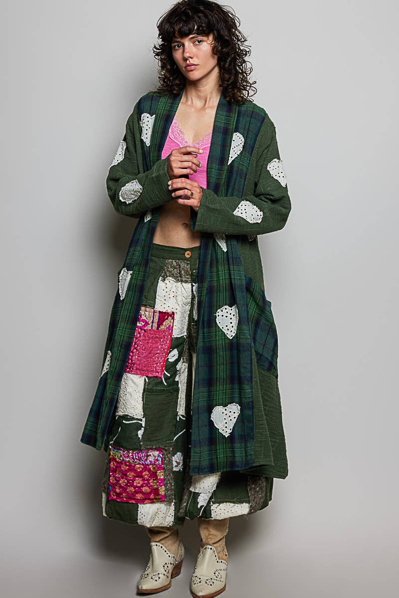 Plaid Textured Lace Heart Patch Woven Open Front Coat