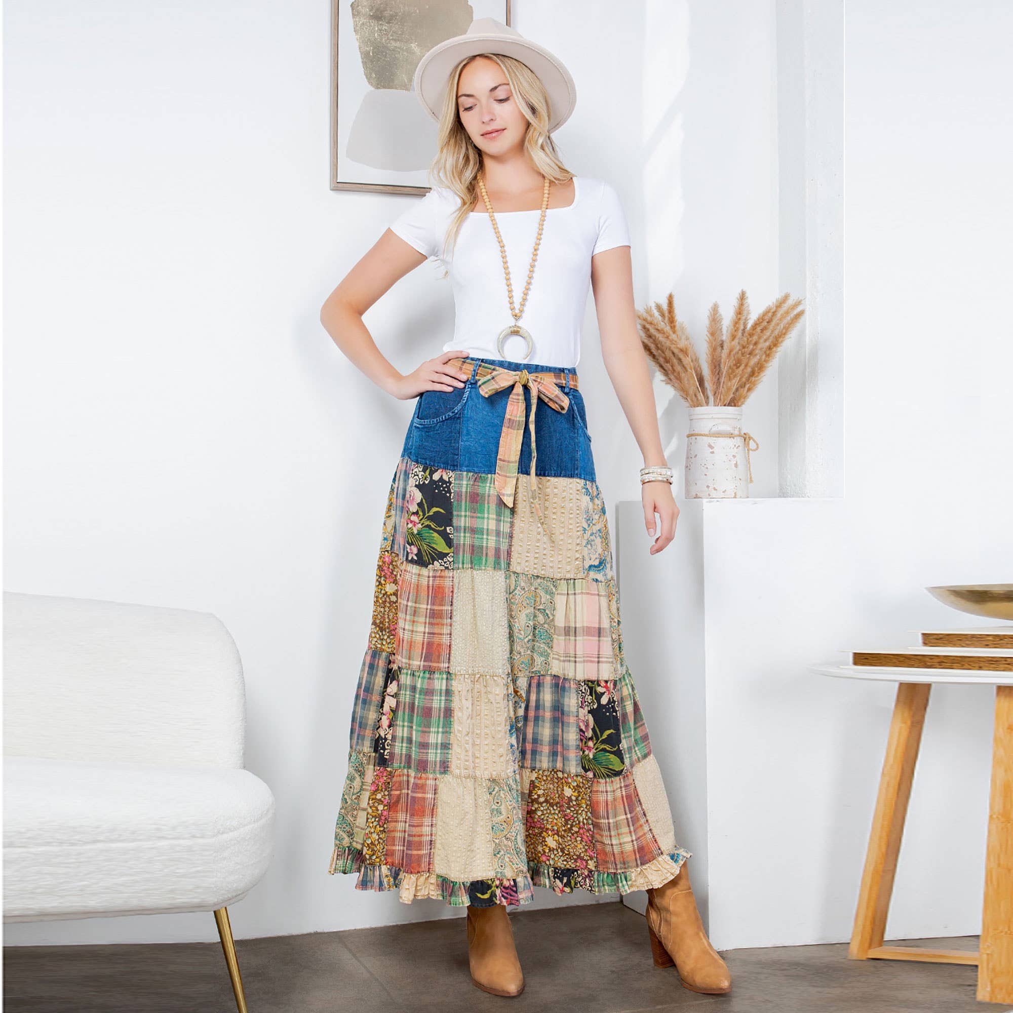 Betsys Western Boho Chic: Patchwork Belted Skirt