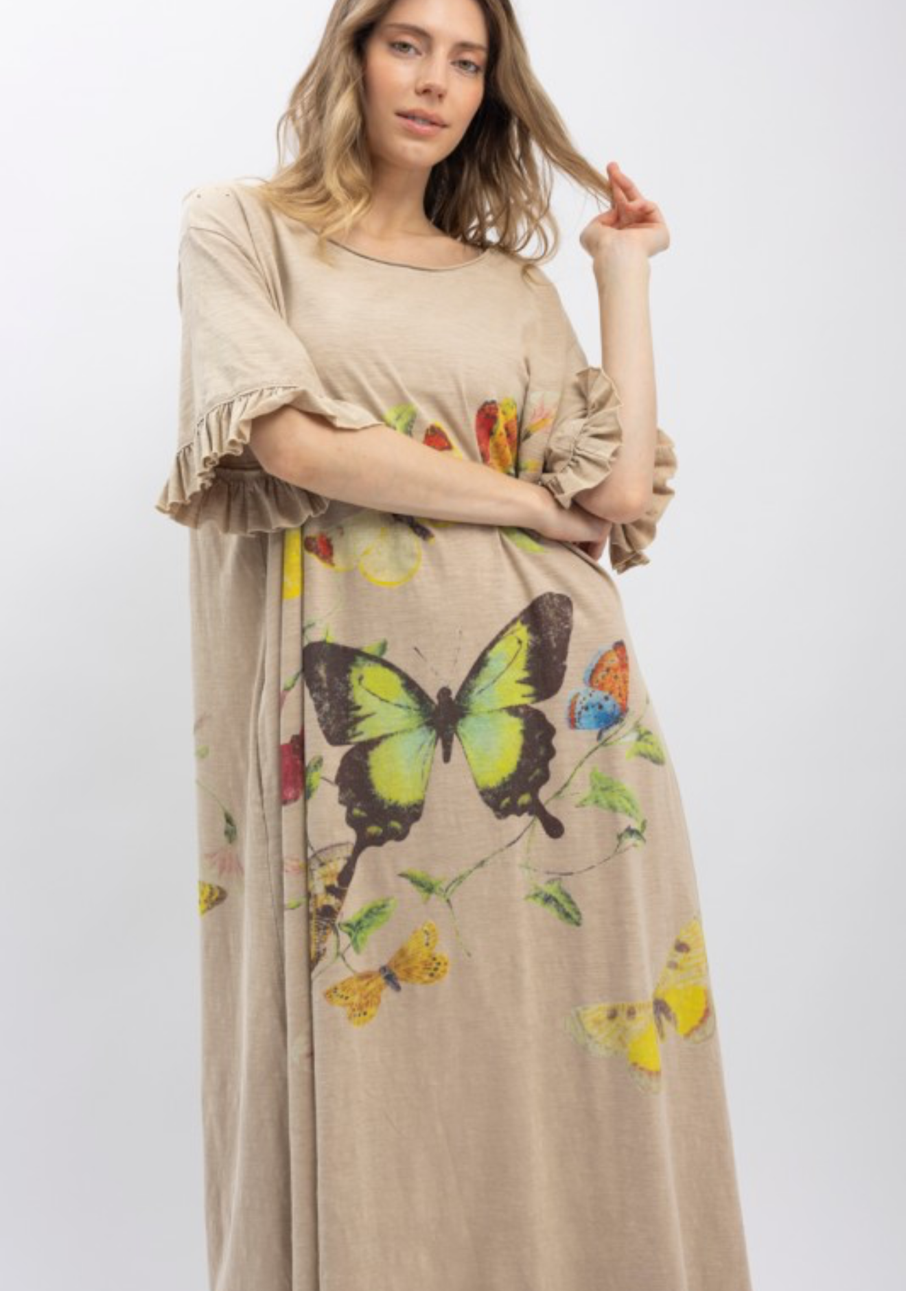 Butterfly Prance Midi Tunic Dress in Tan