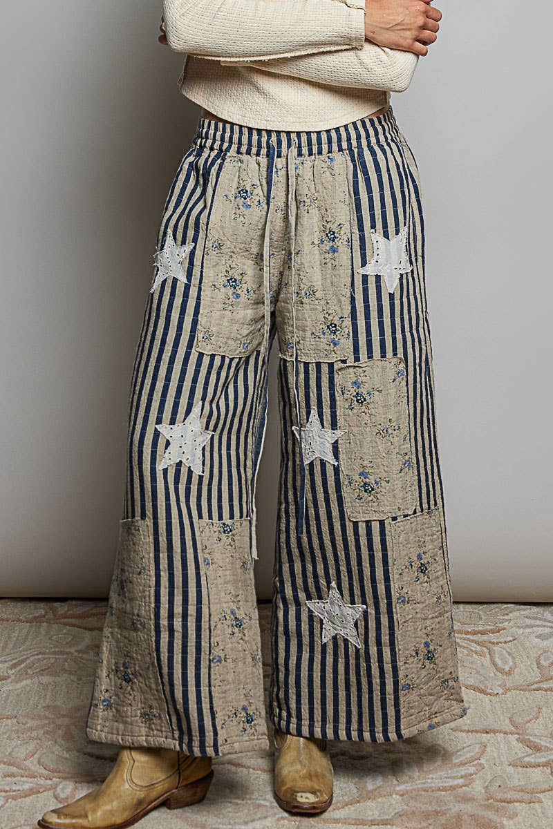 Over the Moon Striped Lace Star Patchwork Quilted Waistband Wide Leg Pants