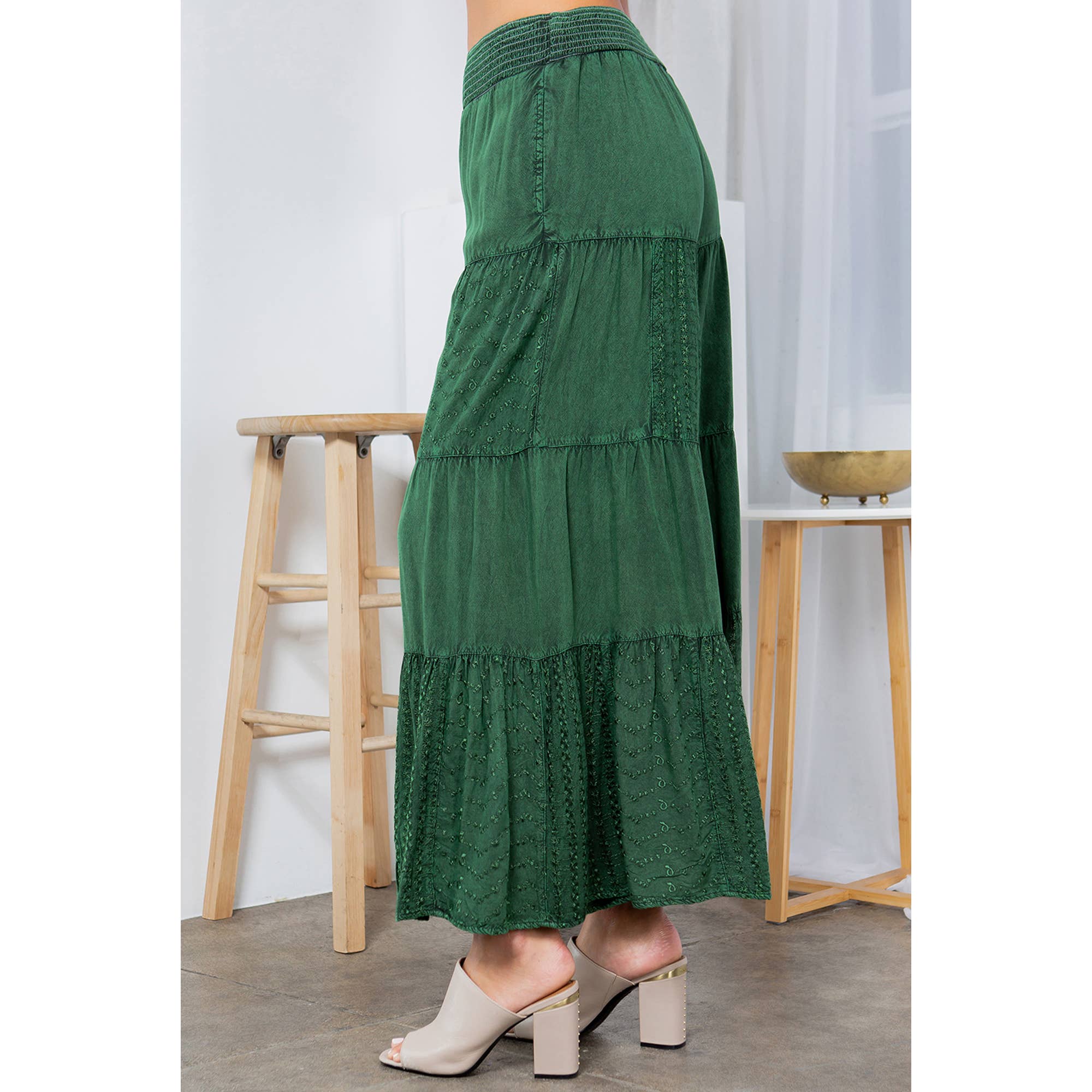 Embroidered Patchwork Tiered Flared Pants In Basil