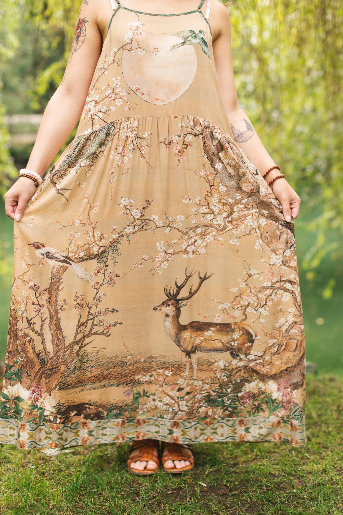 Fable Bohéme Long Maxi Slip Dress w/ Blossoms, Deer & Moon