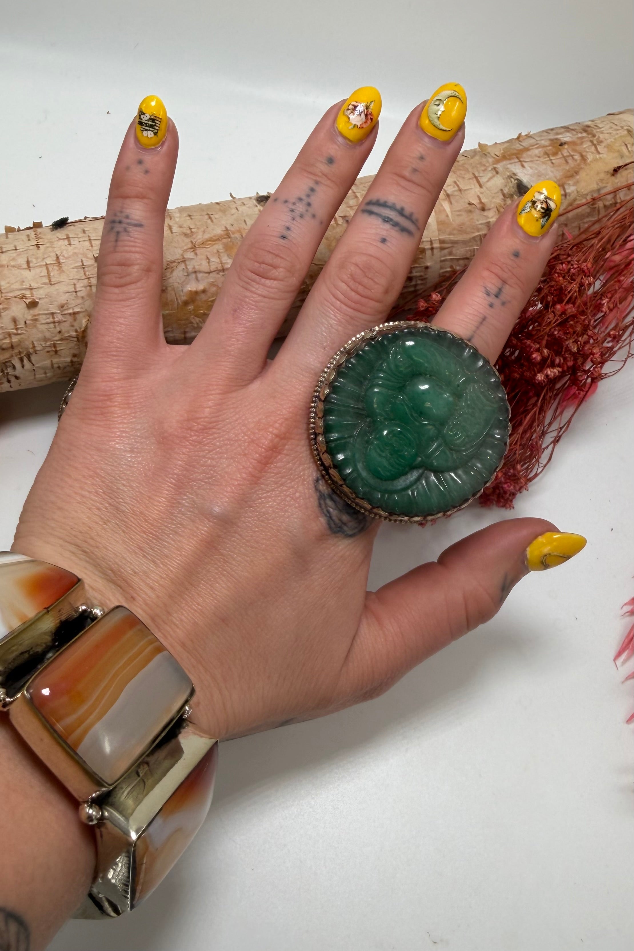 Dark Jade Circle Laughing Buddha Ring