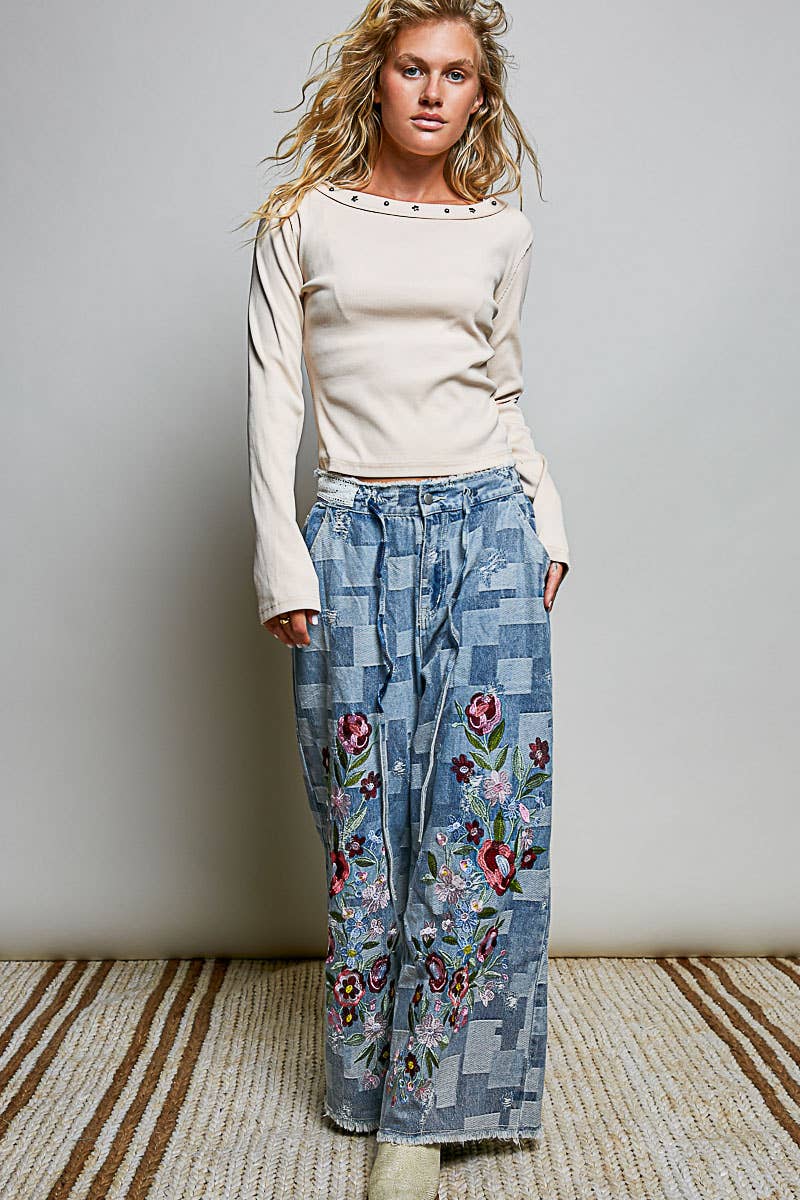 Floral Maze Vintage Patchwork Denim Floral Embroidered Wide Leg Pants
