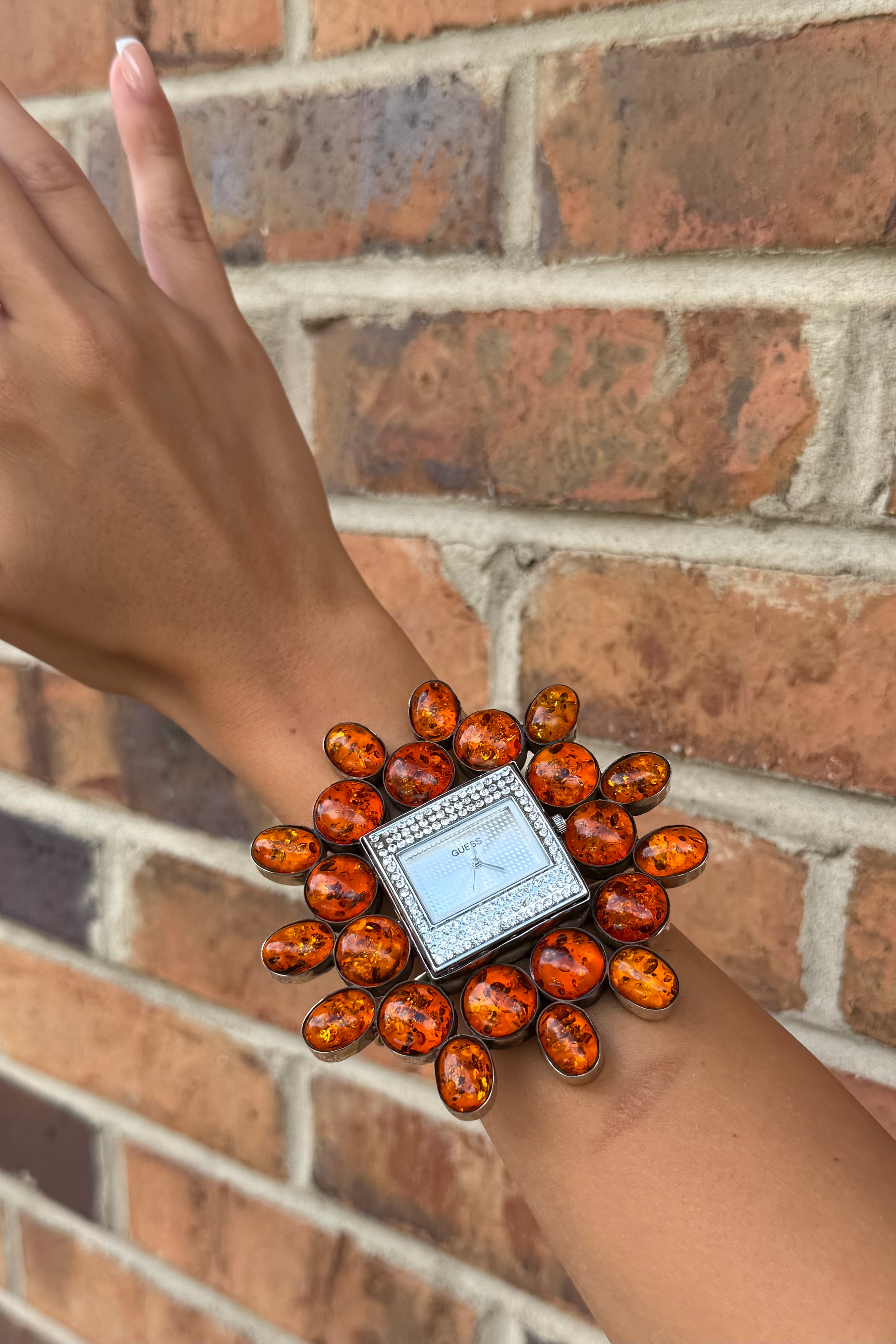 GUESS Bedazzled Watch Cuff/Orange Glitter Stone