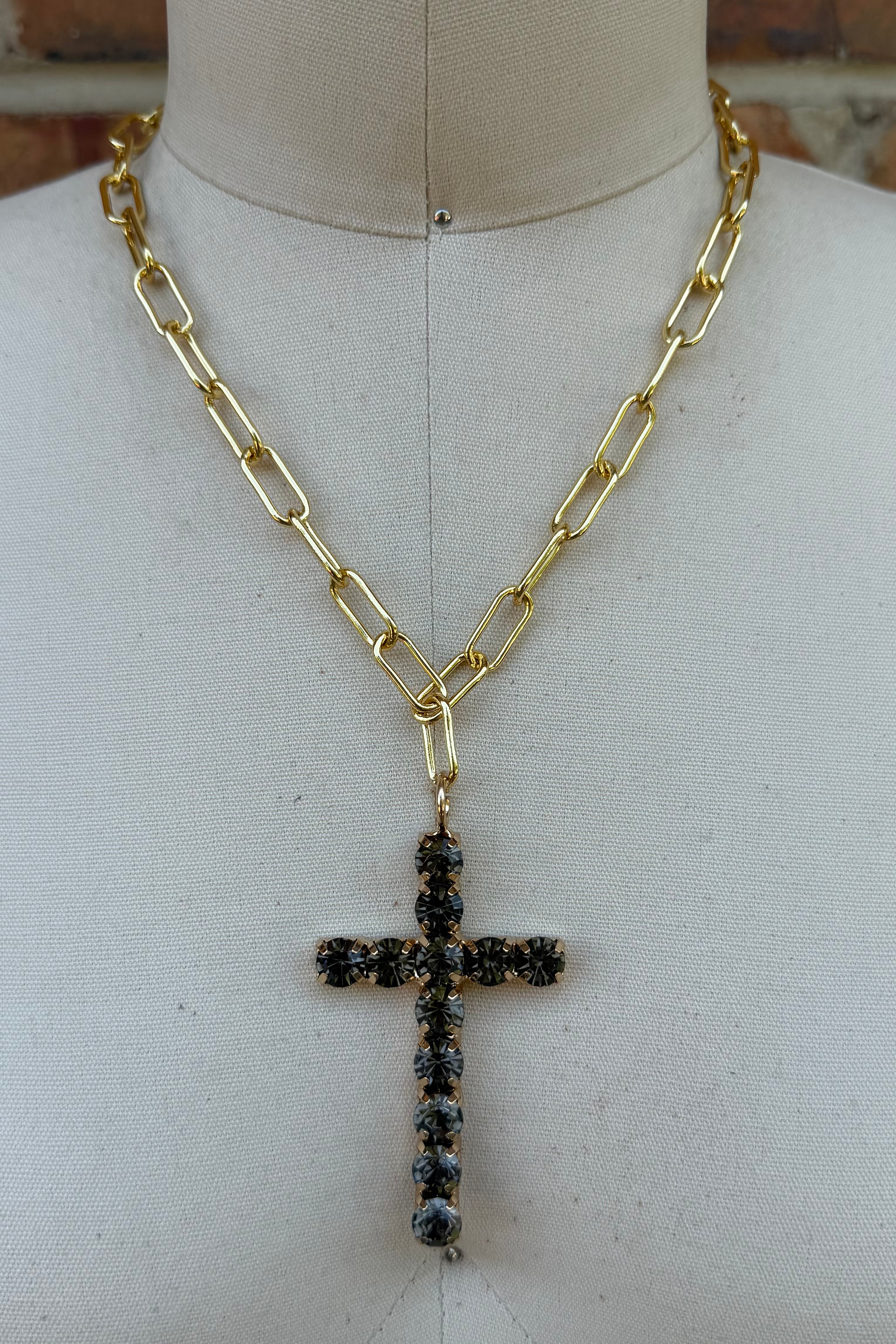 Cross Necklace in Dark Grey Gems