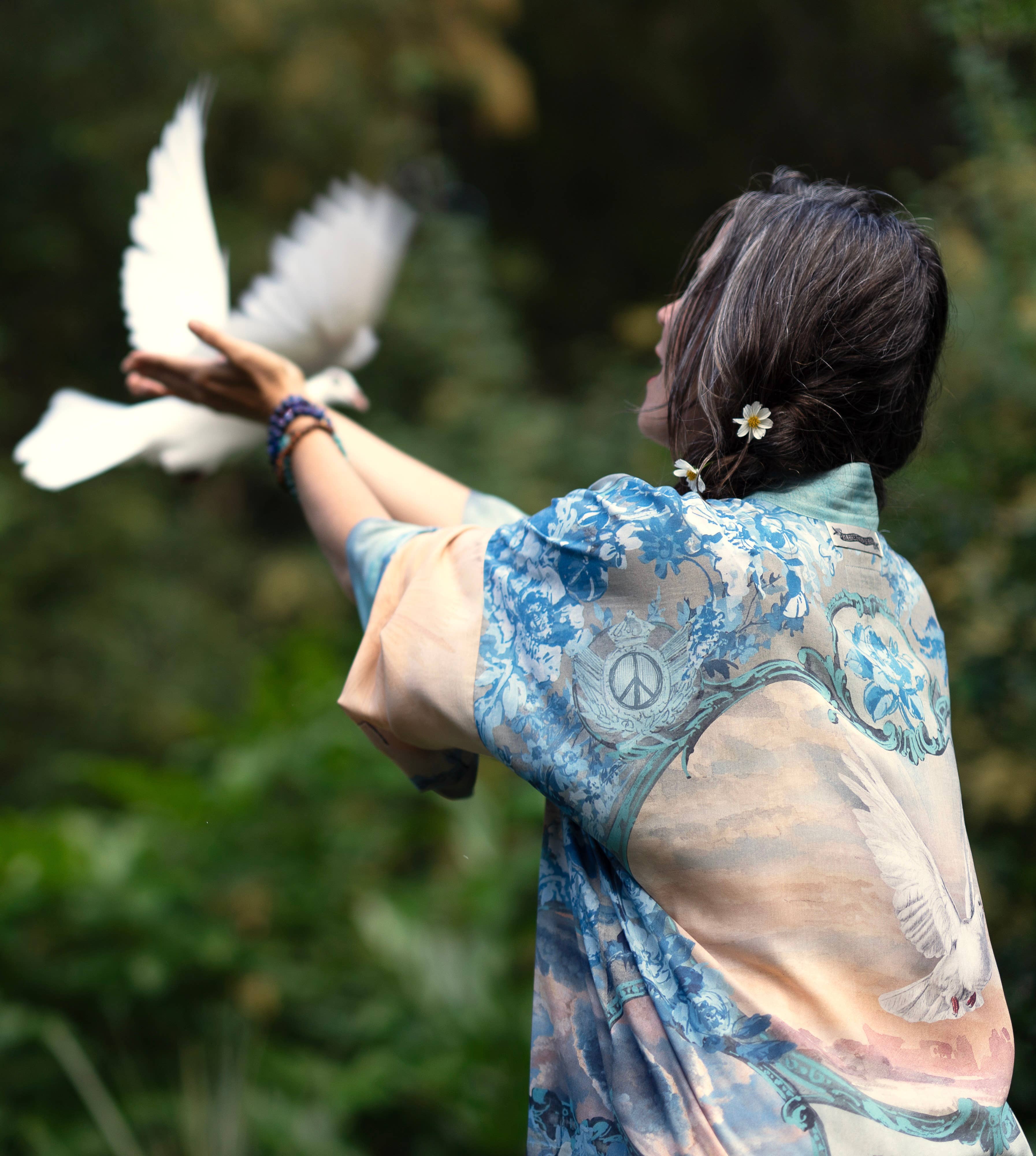 Peace Out Cropped Kimono Pixie Duster with Doves and Sunrise