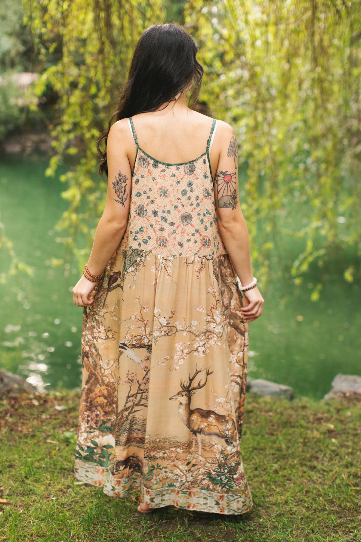 Fable Bohéme Long Maxi Slip Dress w/ Blossoms, Deer & Moon