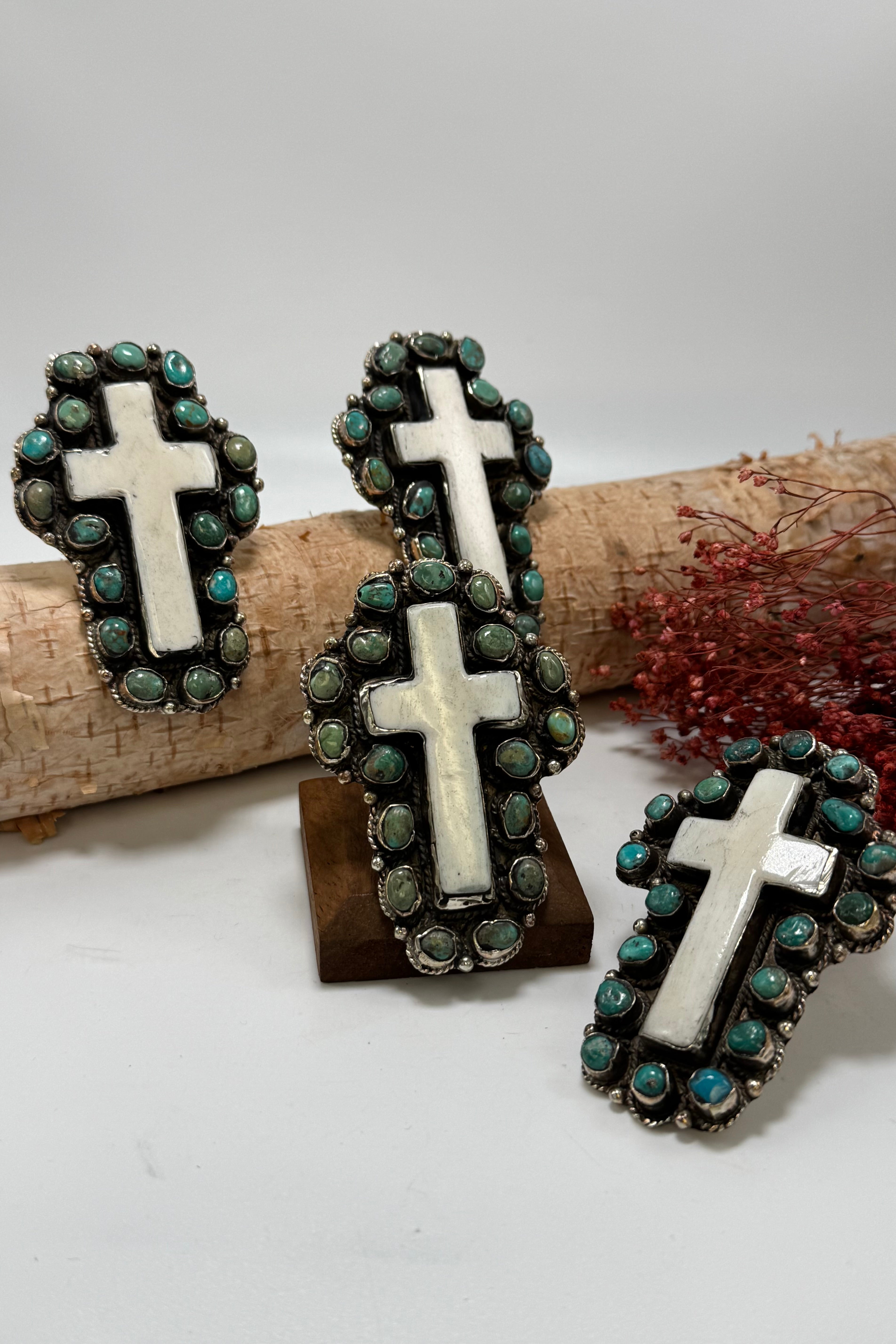 Turquoise & Bone Cross Ring