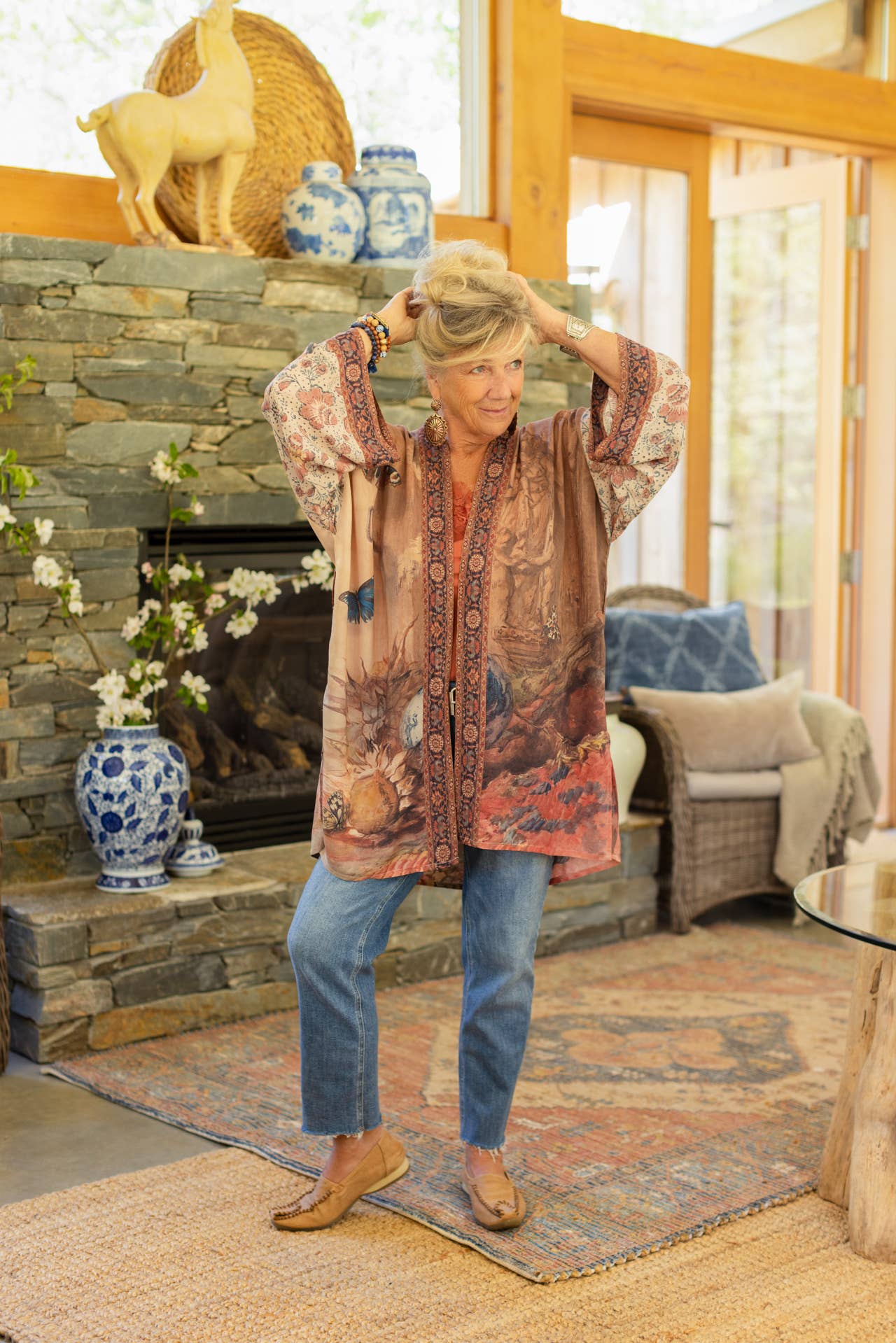 The Storyteller Matinée Duster Kimono w/ Sunflowers, Pottery