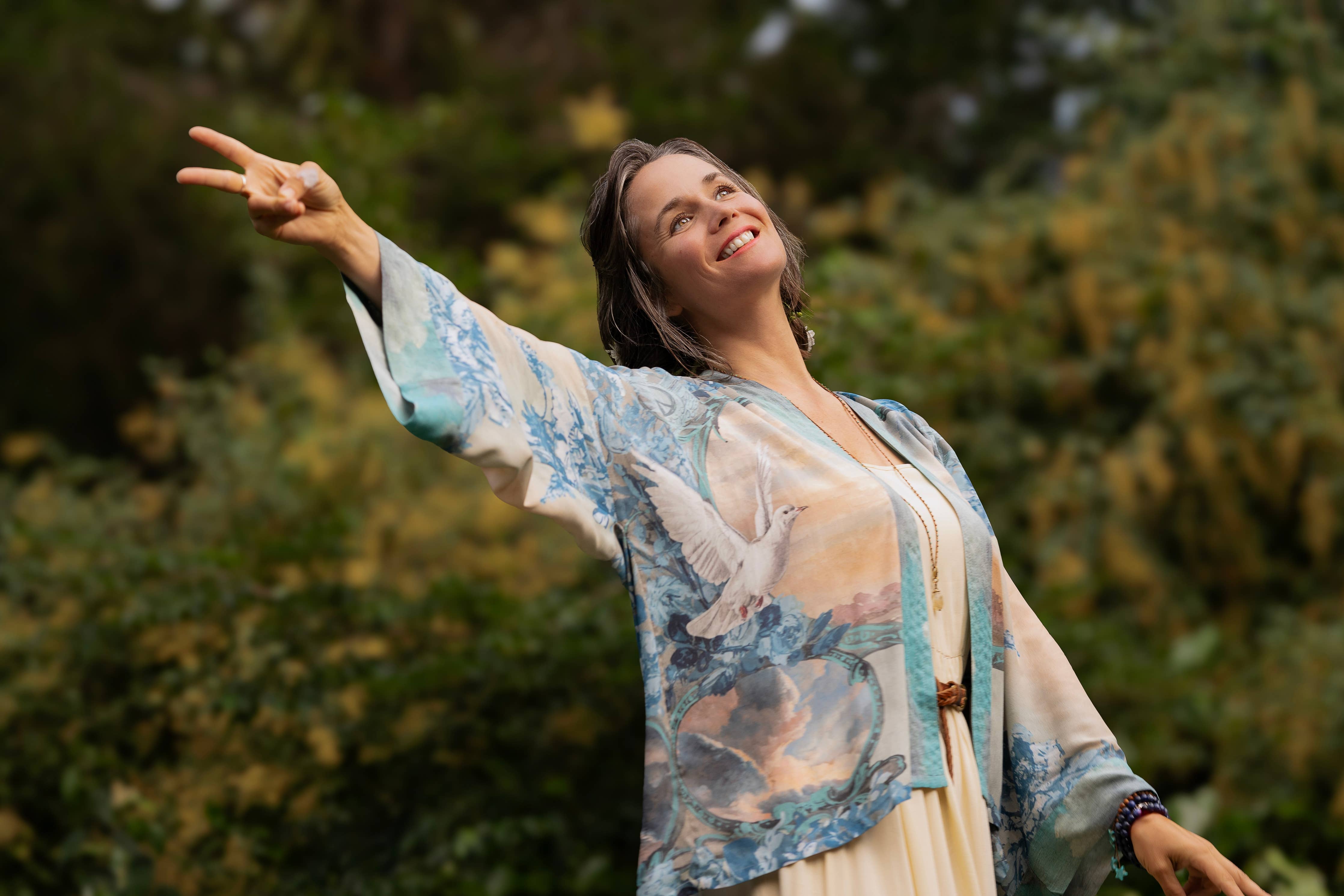 Peace Out Cropped Kimono Pixie Duster with Doves and Sunrise