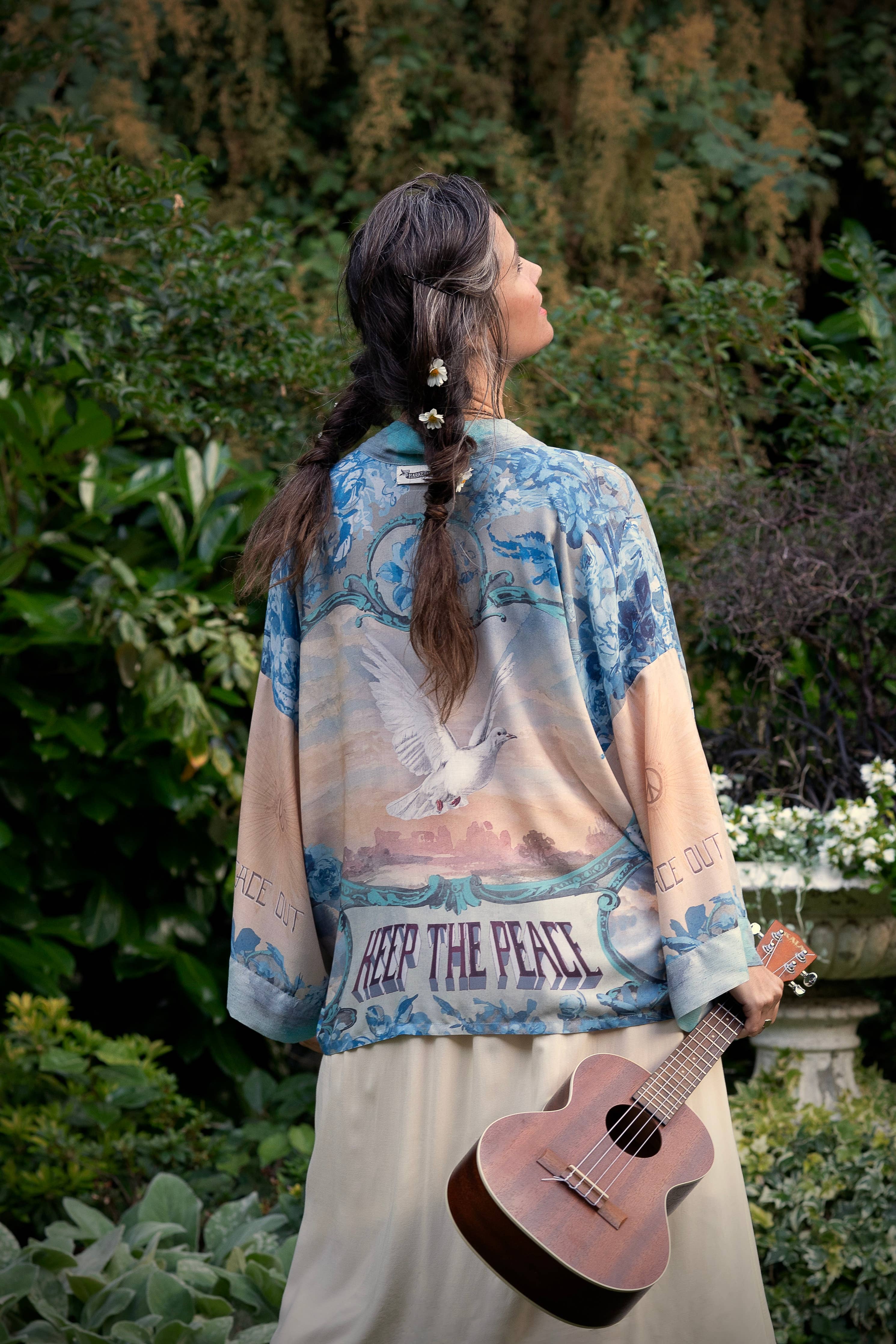 Peace Out Cropped Kimono Pixie Duster with Doves and Sunrise