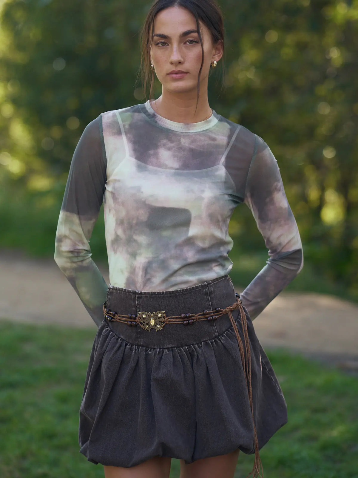 Sheer Long Sleeve Top in Olive