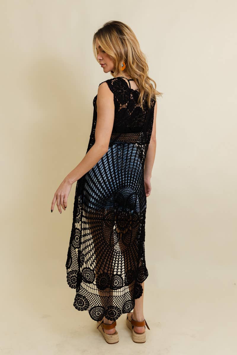 Final Sale - Boho Crochet Lace Trim Long Back Vest - Summer Fave: Black