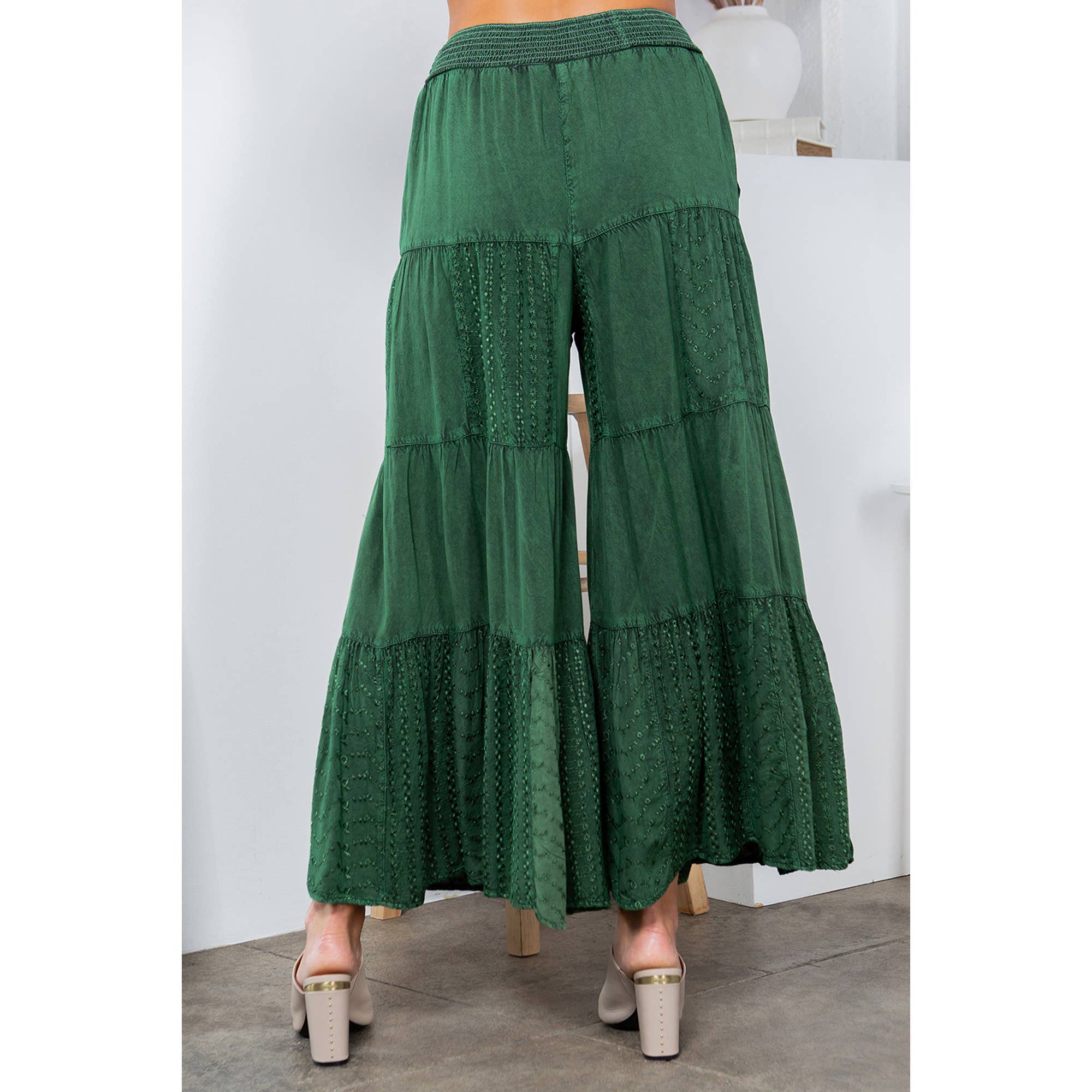 Embroidered Patchwork Tiered Flared Pants In Basil