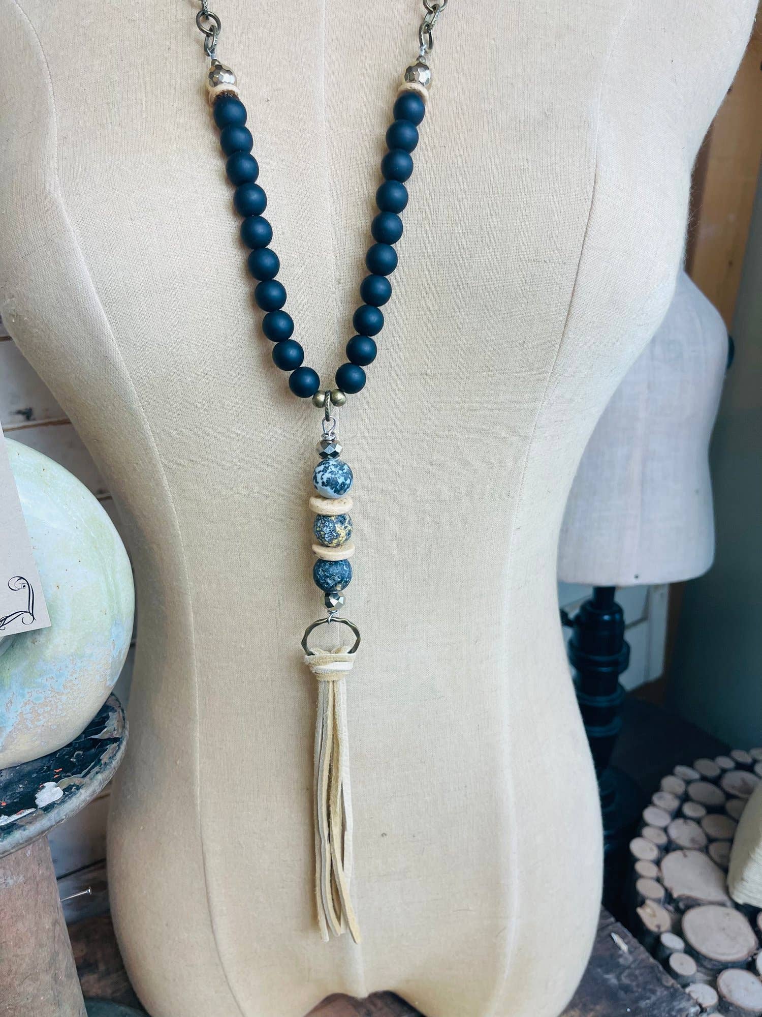 Black Buckskin Tassel Long Layering Necklace