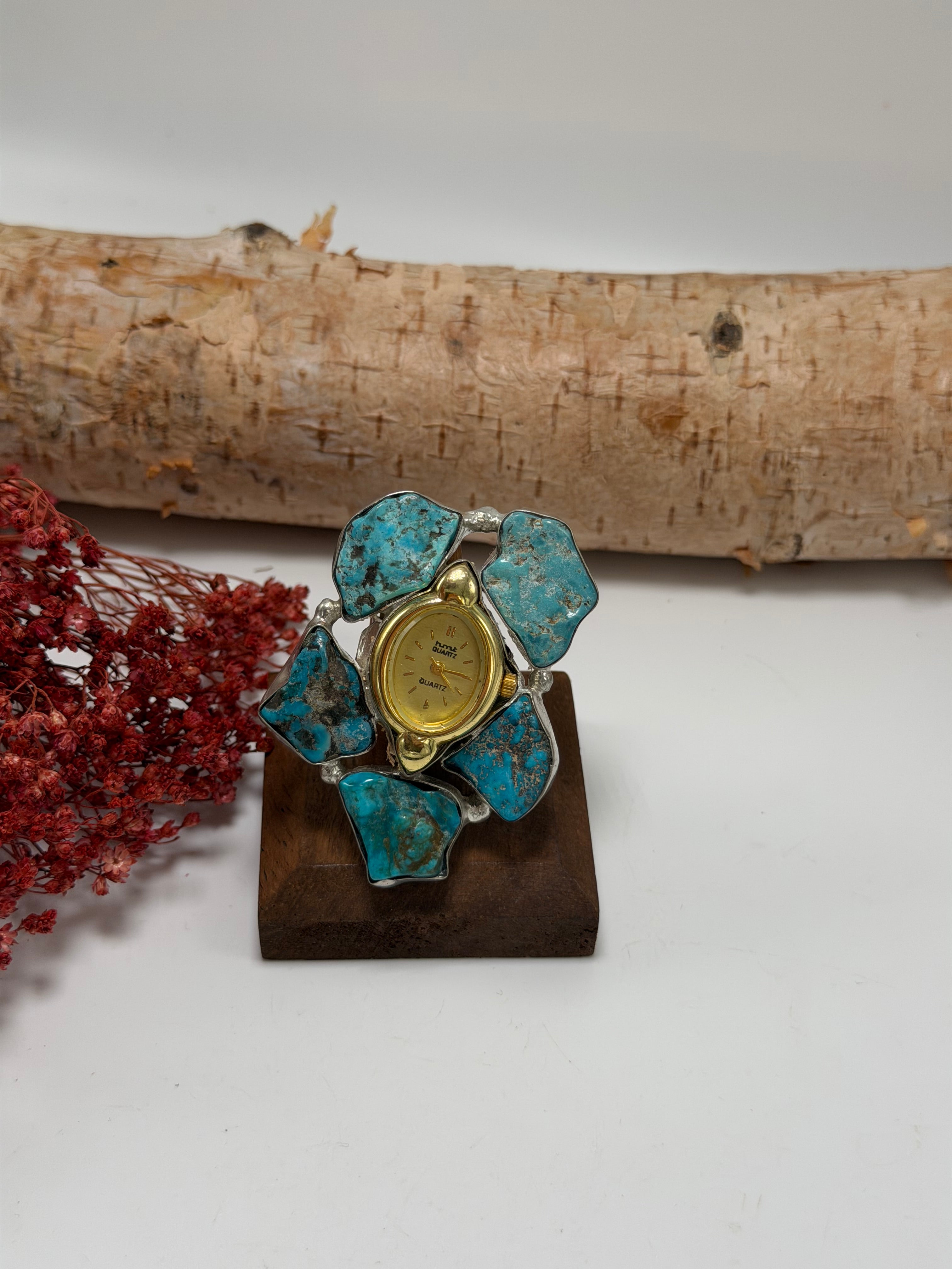 Turquoise & Gold Tick Tock Watch Ring 4