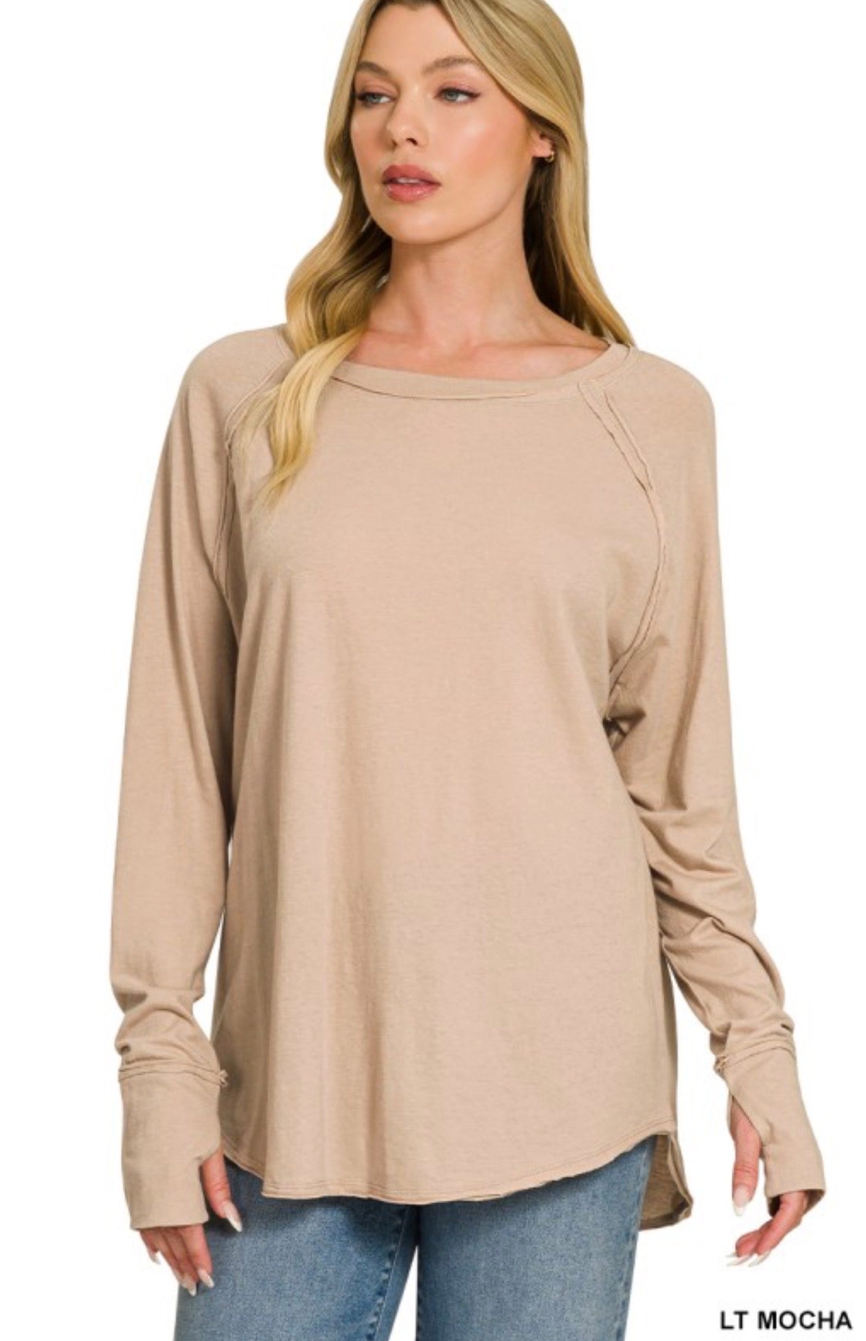 Hally Cotton Raglan Thumbhole Long Sleeve in Light Mocha