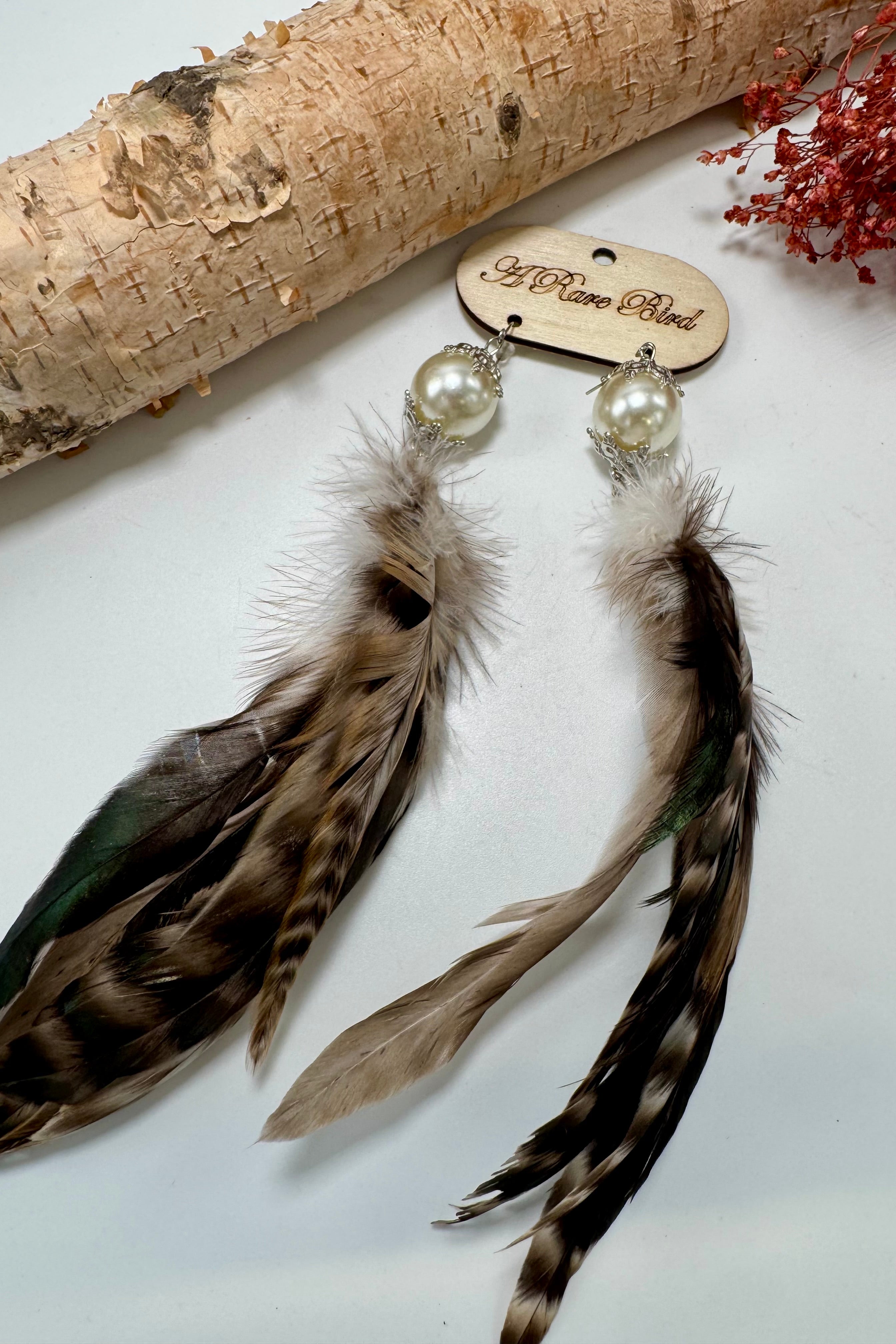 Pearl Feather Boho Earrings