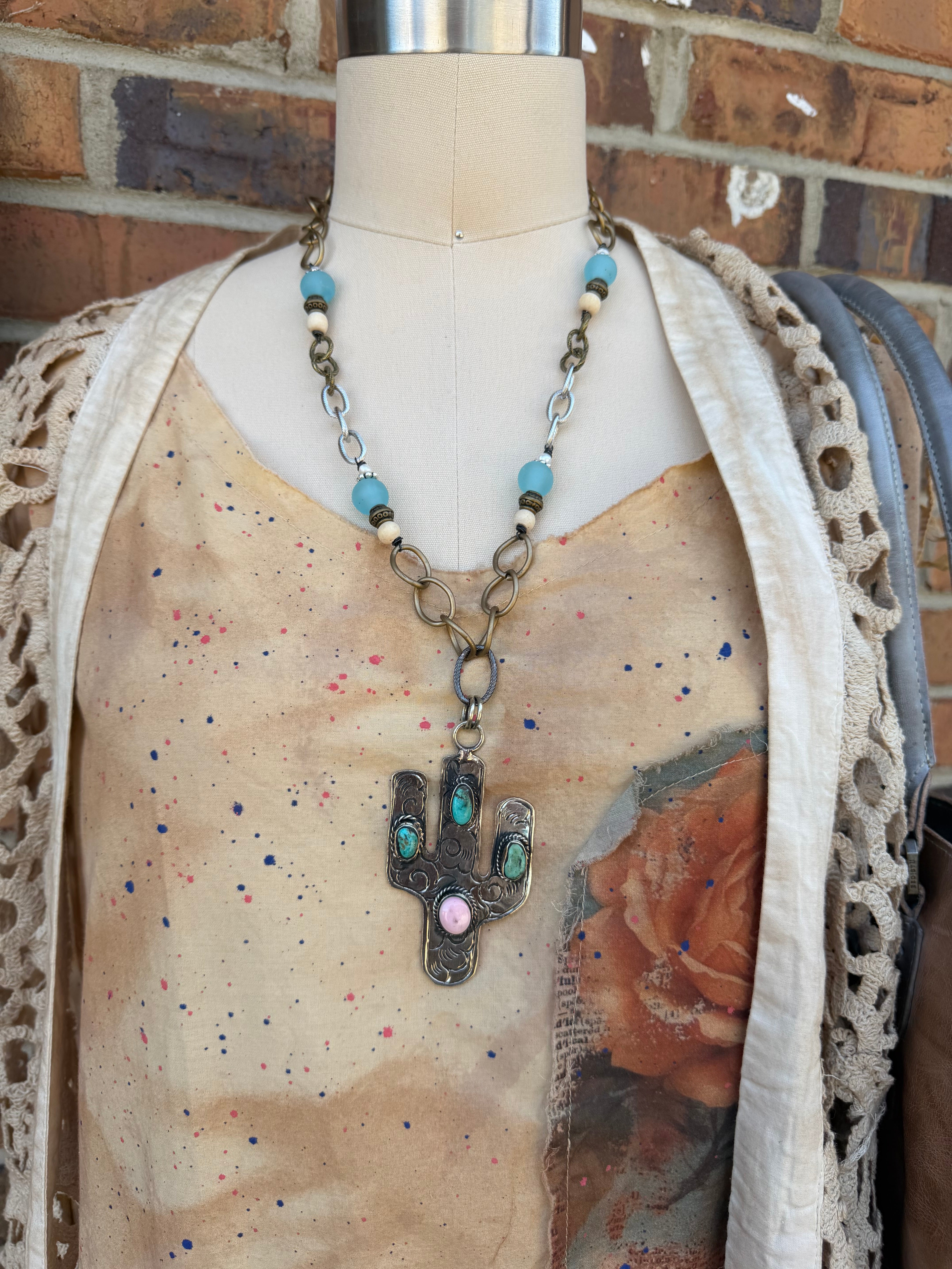 OOAK Silver Cactus Statement Necklace